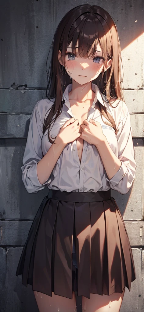 absurdres, (masterpiece, best quality), (ultra-detailed), extremely detailed,super high resolution, (Top Quality photorealistic Illustration), (Super Definition), (best quality,masterpiece:1.0),(cute illustration:1.3), (high Saturation:1.2), highres, ultra-detailed, 32k,8k resolution, intricate details, cinematic scene, detailed background, detailed background,(masutepiece:1.2), (Best Quality:1.2), hyper detailed illustration,beautiful artwork,(Extreme detail CG Unity), (8K Wallpaper)、(exquisite lighting and shadow)、(highly dramatic picture)、(cinematic lens effects),strong light coming in,aaerika, long hair, twintails, hair ribbon, , neck ribbon, collared shirt, (open shirt:1.6), (show off nipples:1.6), (exposing bare breasts:1.3), (exposed chest:1.3), (no bra:1.3),medium breasts, (small nipples:1.2), (small areolas:1.2),white jacket, black skirt, pleated skirt,Hands between legs,(Sitting on the stairs),knees up,Big smile,Evil smile,