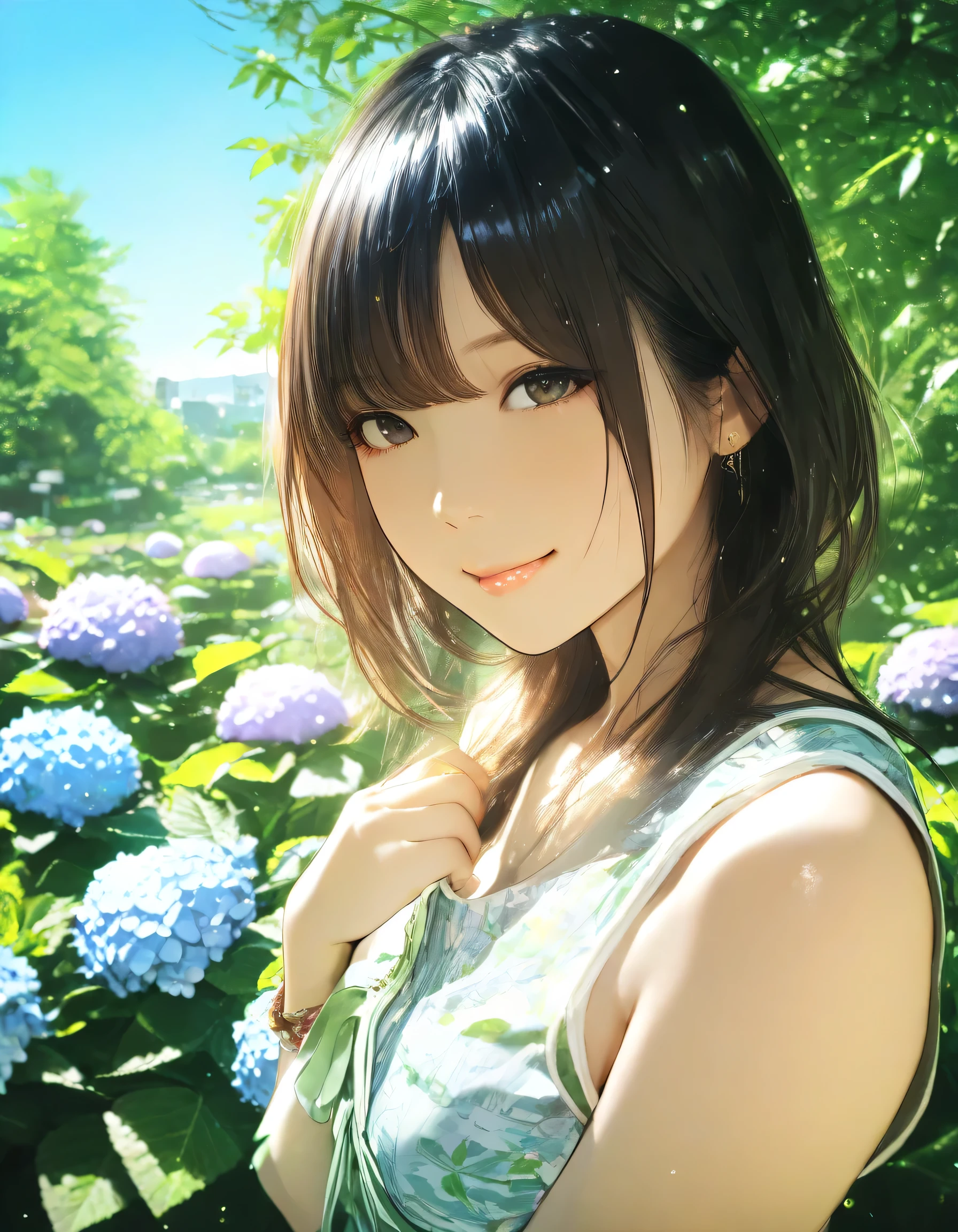 1girl, year 2019, watercolor, upper body, early summer, green park, hydrangea, blue sky, casual clothes, masterpiece, high score, great score, absurdres, 16k, Ultra detailed, (photorealistic : 0.5)