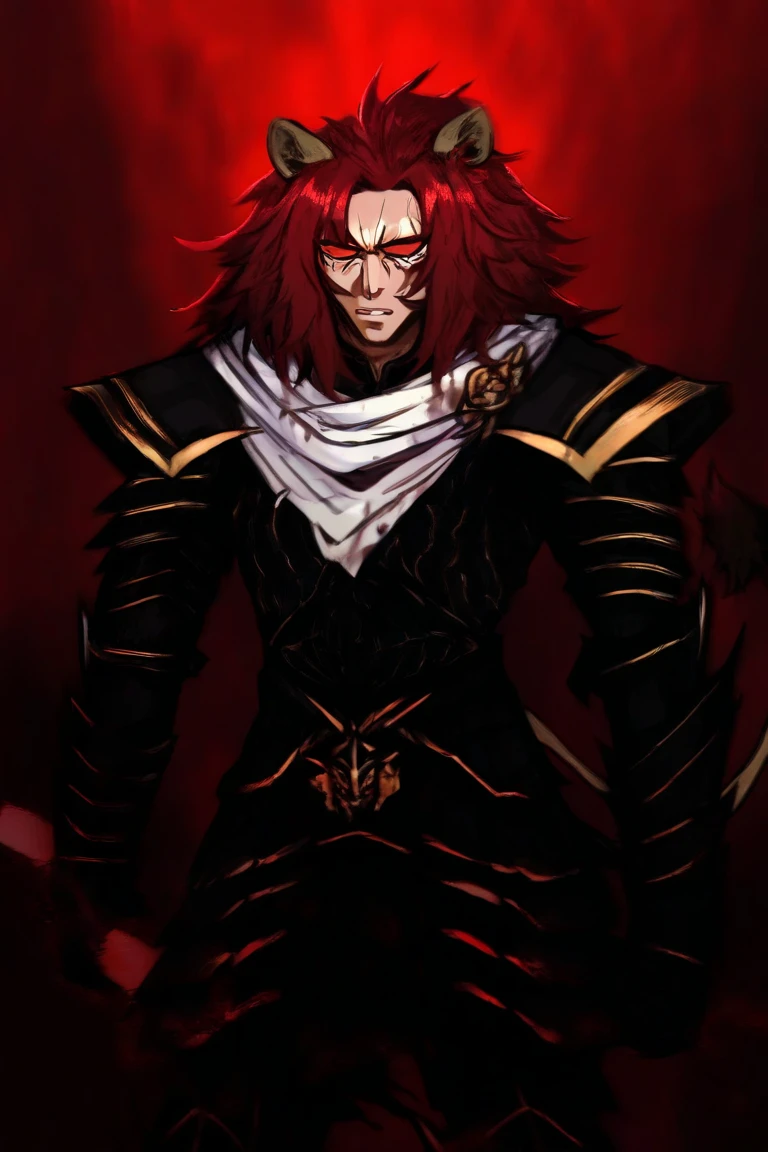{{portrait, dutch angle}} {{Artist: Sincos}} 1male, solo, toned male, red hair, flowing hair, long hair, red eyes, lips, black sci-fi armour with, black cape, angry, outdoors, city, looking at viewer, standing, fog, modern day, superhero day, blood on face, arm, muscular arm