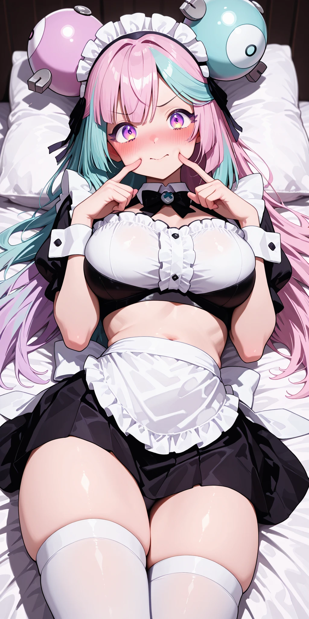 best quality、Highest Quality、masterpiece、One personの女の子、One person、Source_anime, aaiono、mean pose、embarrassedポーズ、excited顔、excited表情、big 、 pretty breasts、thighs、excited、embarrassed、Maid Outfit、Skirt、above bed、flesh-colored skin、Blushing、blushing cheeks、Skirtからパンツが見える、white pants