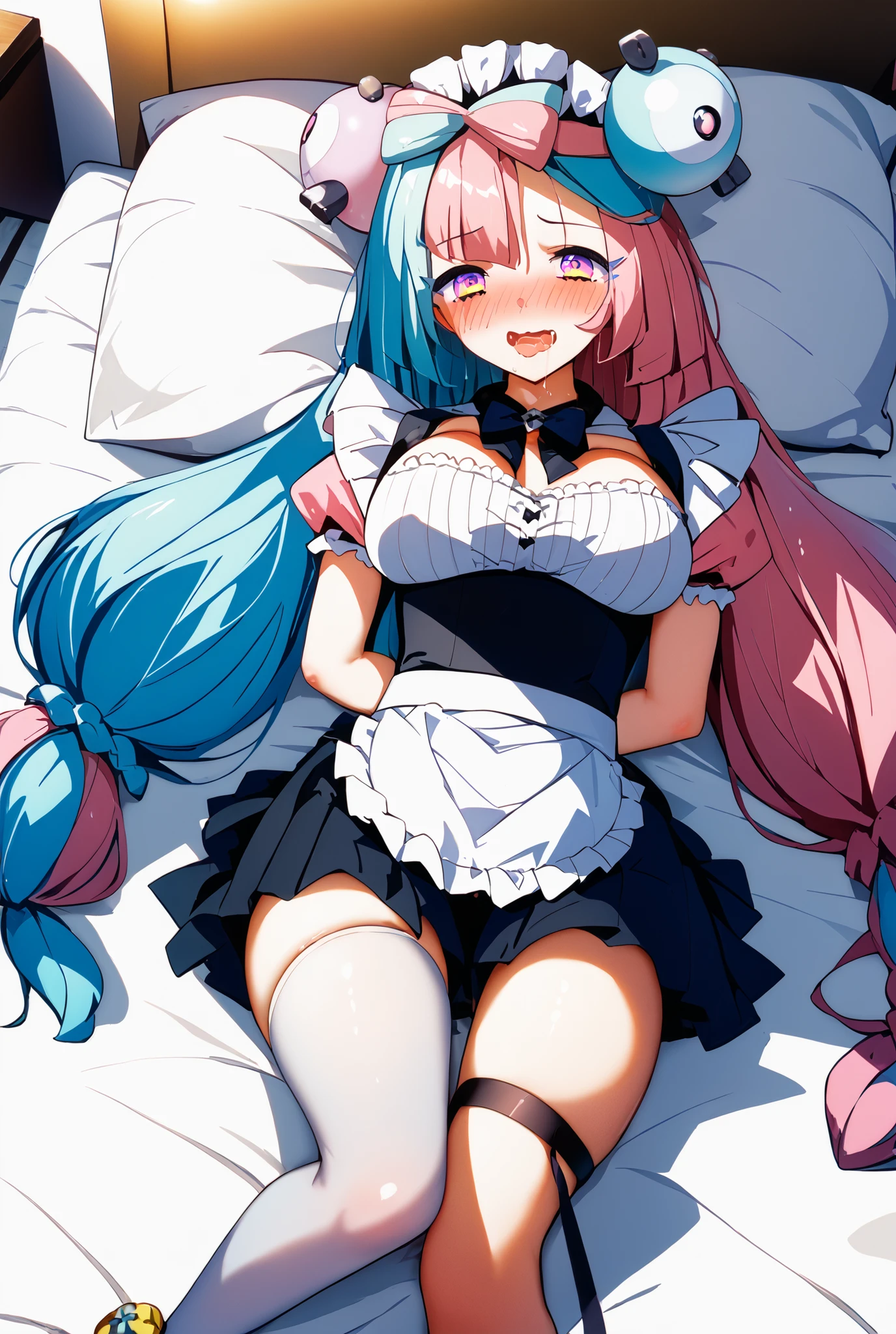 nsfw,Two Girls,Lying down,((Lift both legs)),panties,Have sex,Light blue hair,Light pink hairstyles,Cat ear,Pink Eyes,light blue lolita,White socks,,Pink ribbon,Laughing with your mouth open,Best image quality,Highest quality