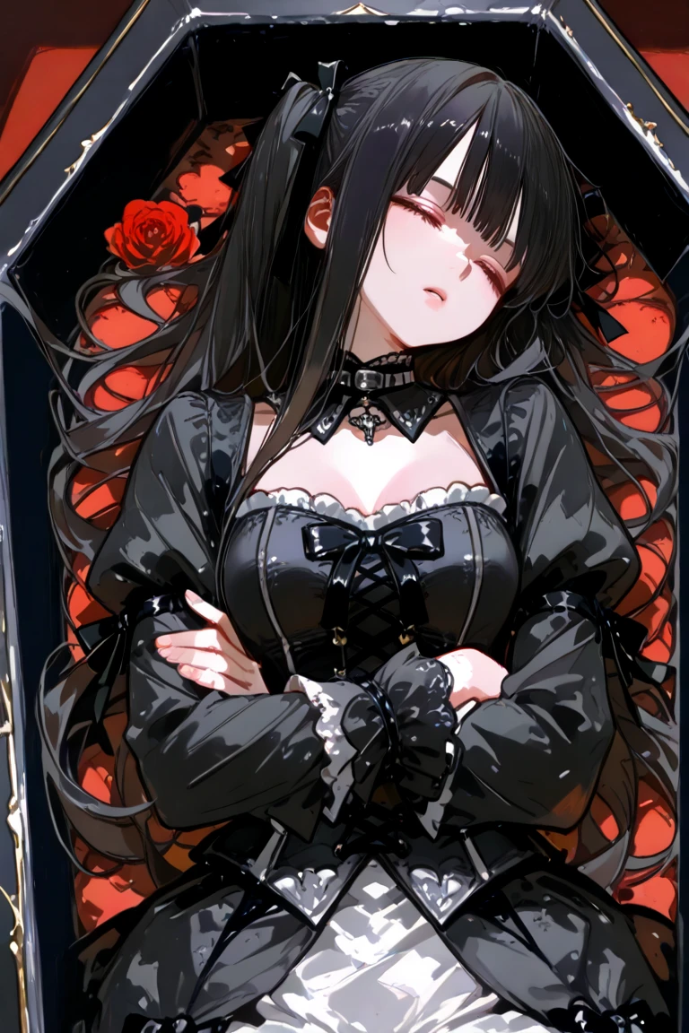 Goth girl sleeping in coffin, black gothic coffin, red decorations, black hair, ribbons, gothic dress, sleeping, hands crossed,