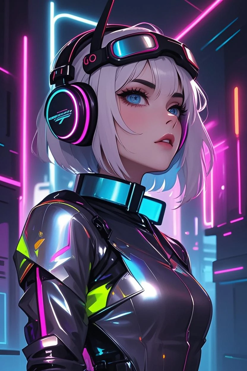 "Create a vibrant and dynamic avatar for a VTuber focused on gaming. The character should be a young adult with a stylish and futuristic gamer aesthetic. They should wear a sleek, high-tech outfit with neon accents, reminiscent of a sci-fi video game world. The avatar should have expressive facial features, bright colored hair (like blue or purple), and accessories such as headphones, gaming gloves, and a visor. The background should be an immersive, virtual gaming environment with elements like holographic screens, game icons, and vibrant lighting. The overall design should convey energy, excitement, and a passion for gaming."