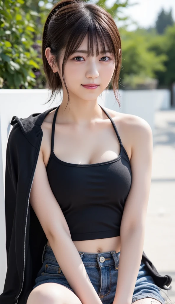 (8k, RAW Photo, Best Quality, Masterpiece: 1.2), (Realistic, Realistic: 1.37), Ultra High Resolution, Photon Mapping, Physically Based Rendering, 1 Girl, (Brunet: 1.3), Long Legs, Detailed Face, Detailed Eyes, Huge Breasts, Shiny Skin, Standing, Looking at the Viewer, (Light Smile Cute: 1.2), (Happy), Healing Cute, (playground: 1.2), (Evening: 1.2),sweat pants,Open sports jacket,sport bra,