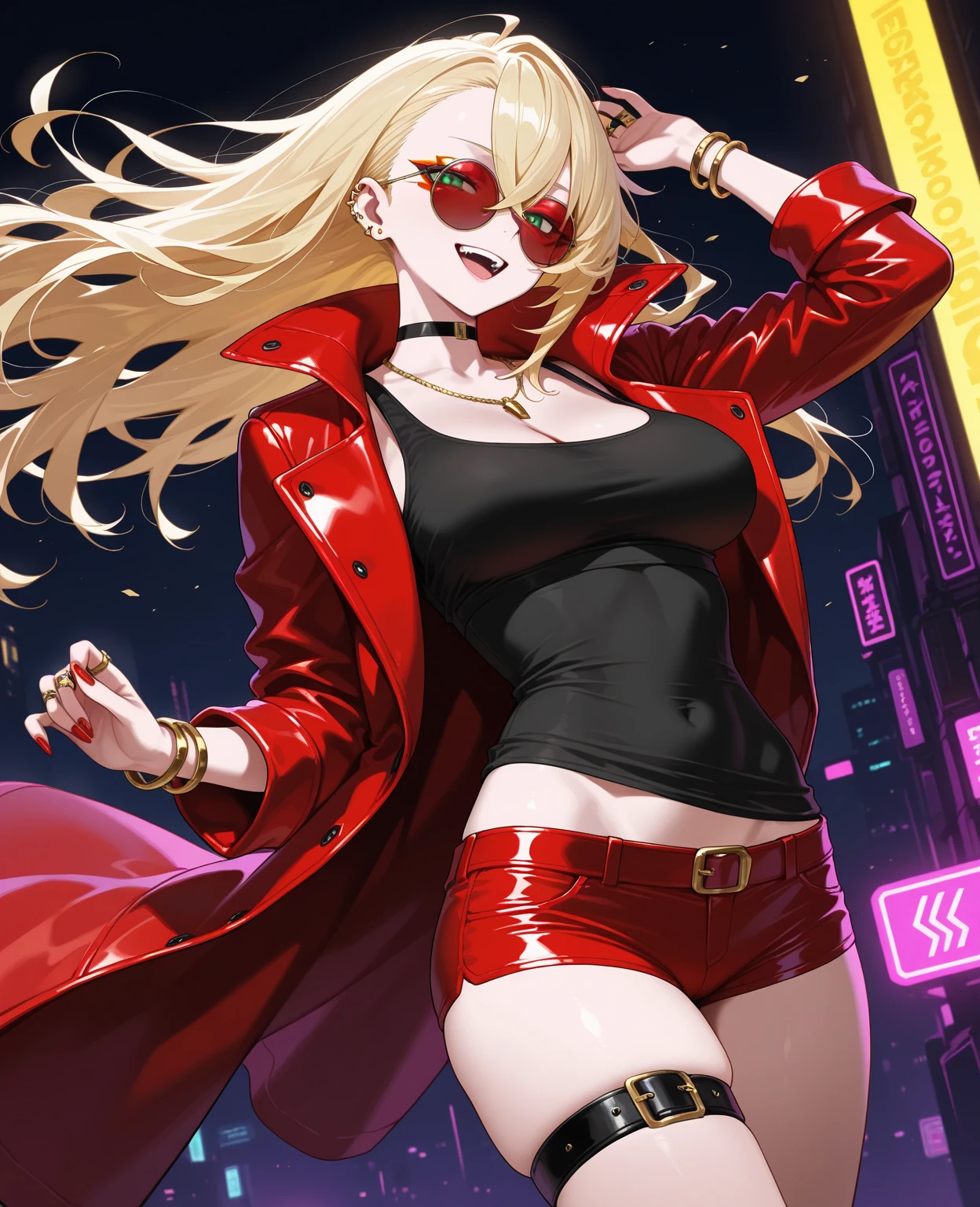 woman、Early 20s、Wicked Smile、Blonde、Long Hair、Green Eyes、Frameless sunglasses with red lenses、breast enhancement、sexy、sexyなポーズ、Black tube top、hot pants、Bright red long coat、R-18、City of night