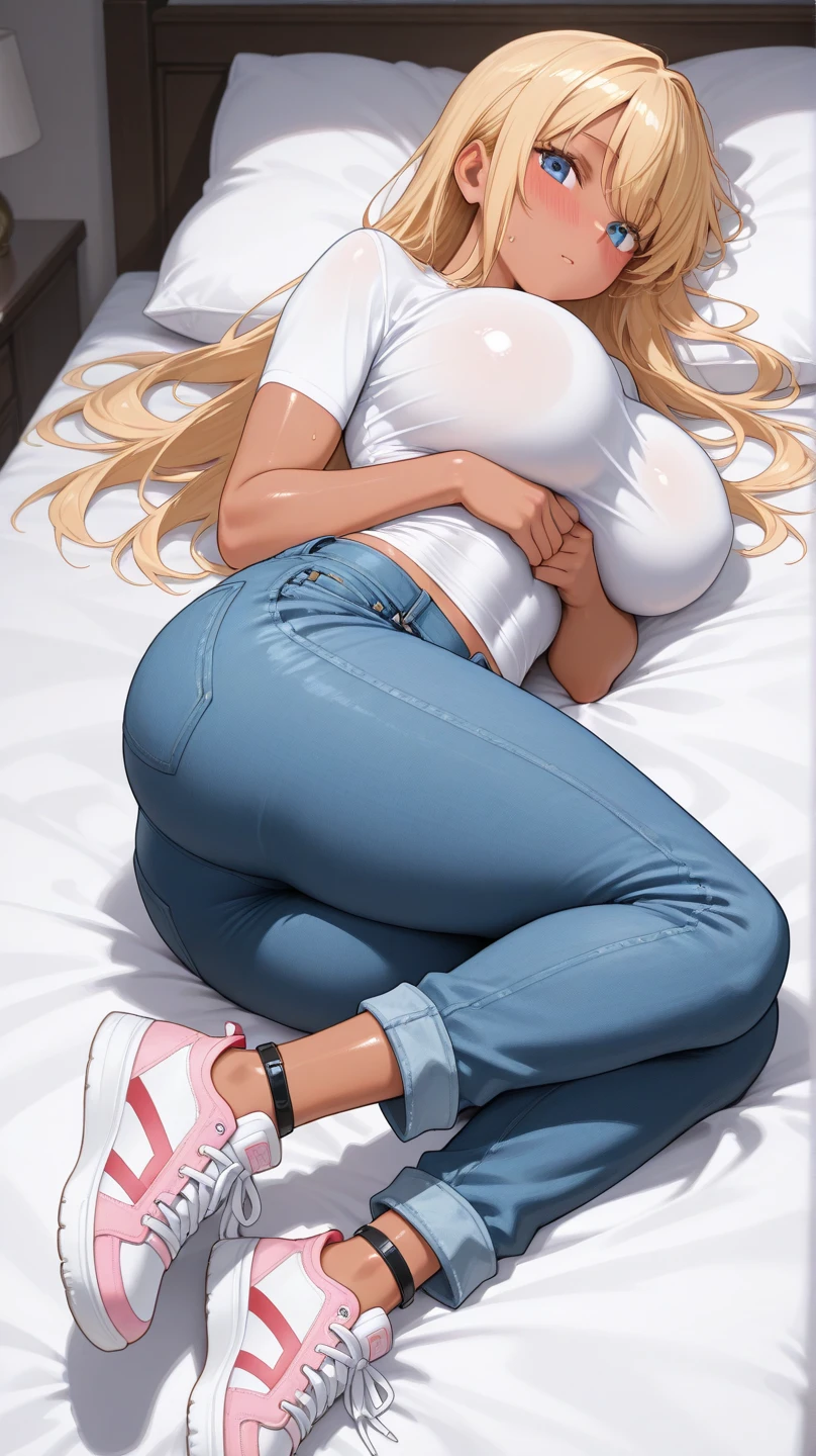 nsfw,superrealistic anime,masterpiece,ultra detailed,8k,white dress shirt,school cardigan,(short plaid pleated skirt),curvy body,(tanned skin:1.1),(japanese gyaru),seductive cute face,silver panties,lying on back on carpet,knees up,painted toe-nails,makeup,at messy private room,left lingeries and clothes on floor,wardrobe,desk,crotch focus