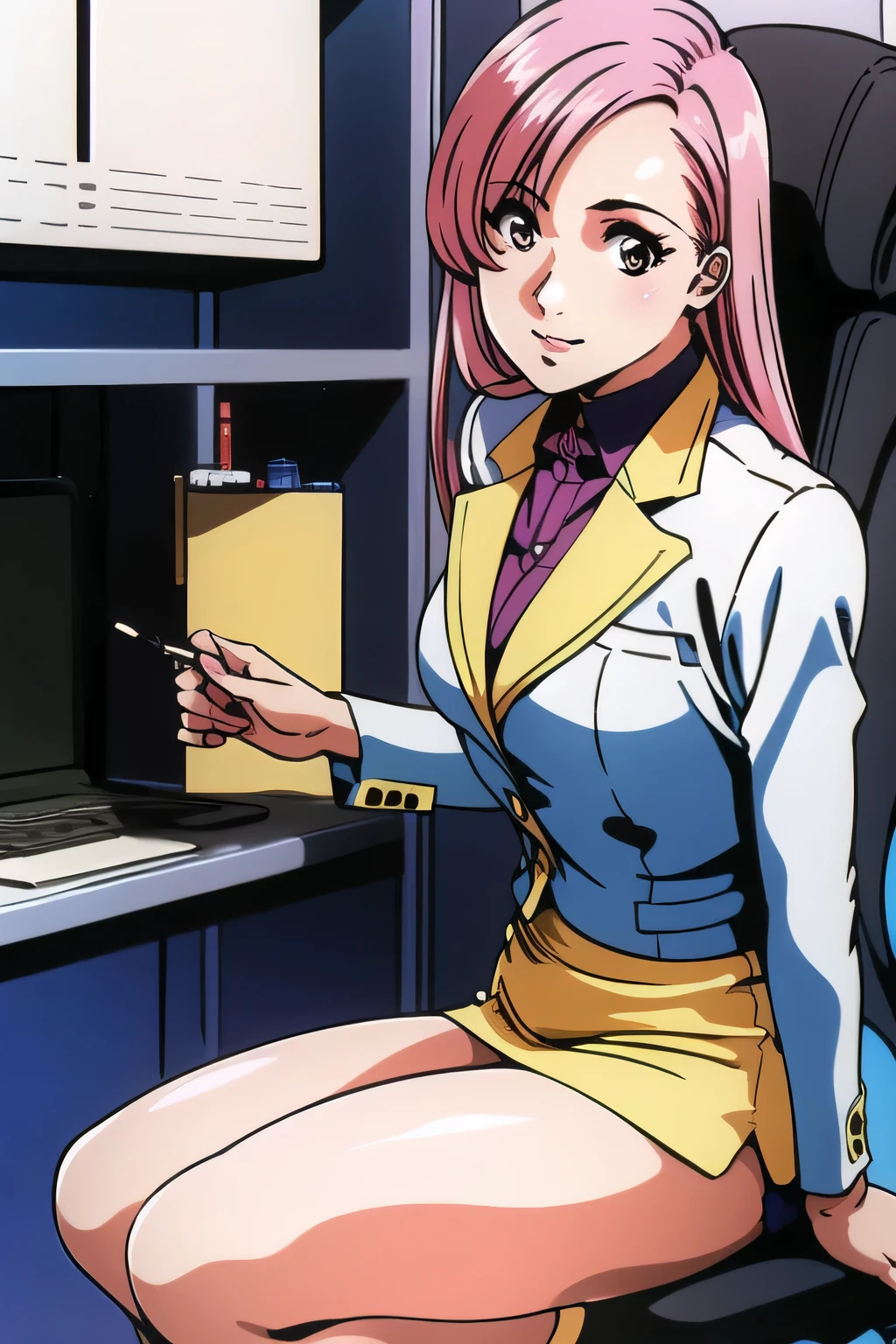ポニーテイルロングヘアーのnice smileの女性は描けますか,face is absolutely necessary,Can you draw an accurate representation of hands and legs、nice smile,Big breastsでもウエストが細い, Wet 、H gold rewards,her pink hair color is more vibrant、her hands and feet are accurately depicted、flight attendant's uniform with legs,Please draw her expression more delicately, dark blue panties ,(draw a more delicate expression),(yellow scarf),( navy blue blazer, dark blue micro mini skirt ),(the bottom of the blazer is a white blouse)( dark blue panties ),Brown Stockings,black high heels,一people々々々々々this is a great enough job, don't cut your face。I need it for work。, ,, , , She's an attractive woman , 立っているpeople々々々々can you draw things、 , , Big breasts, Thin Waist , , ,I'm a woman 立っているpeople々々々々can you draw things、is very important at work, Her 5 fingers,people々々々々々々cinematic lighting and ray tracing to see dark blue panties through gaps ,30歳大people々々々 sexy woman,