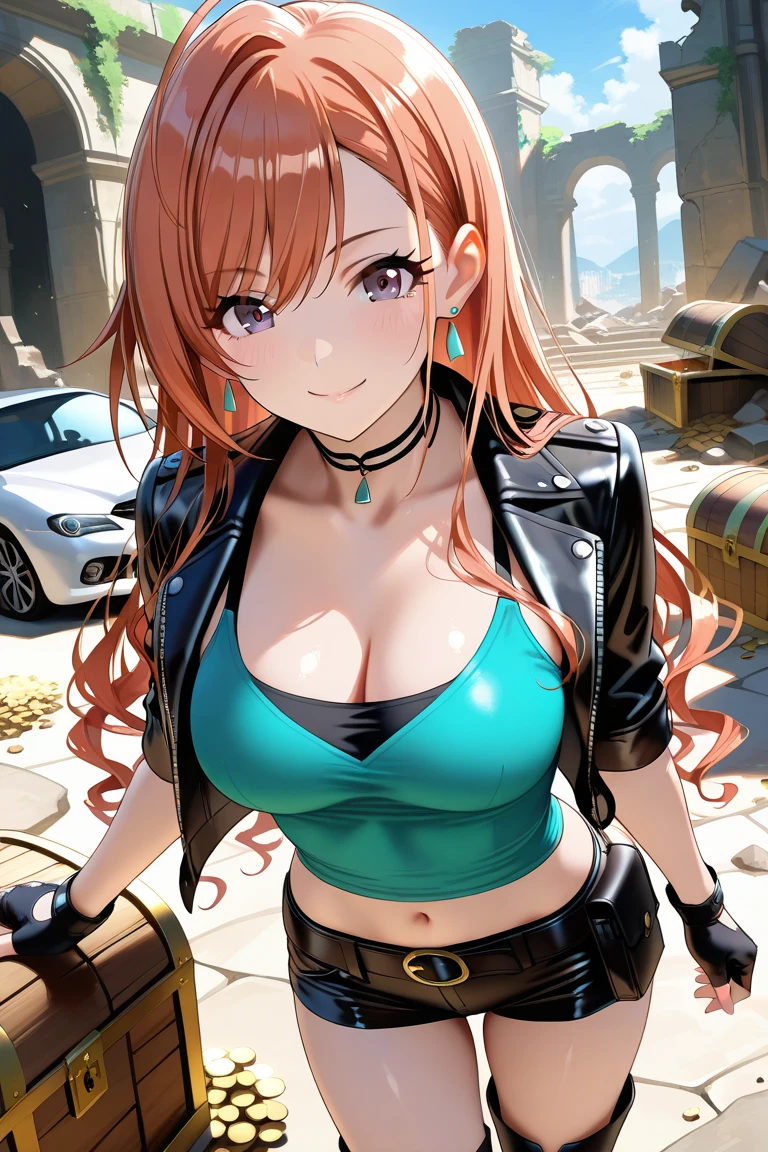 Goblin Slayer、1 milf、(((Slut)))、long red hair、blue eyes、earrings、(((Slut)))、Puffy lips、Painted lips、thick lips、smile、wide hips、thick thighs、Black jeans、Black leather jacket、huge round ass、Huge natural Hitomi Tanaka breasts、whole body、Leaning against the car、at night、
