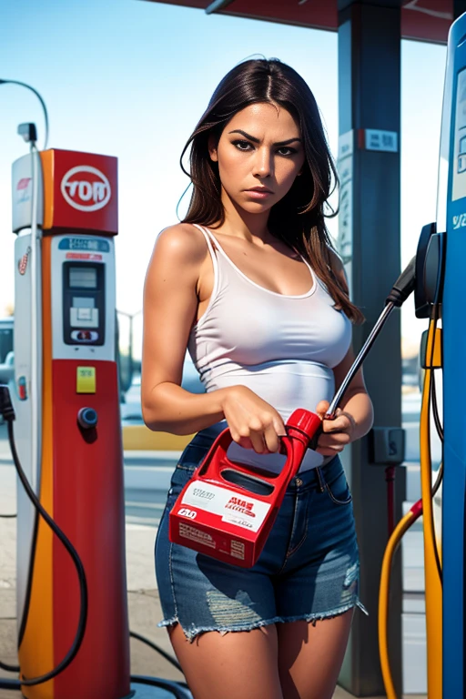 A beautiful brunette woman holding a car battery in frontal pose with both hands, Foto ultra realista y detallada, extremadamente real, contraste en sus manos y escote. The battery is a standard car battery, con una carcasa negra y terminales rojas y negras. fondo puro blanco.