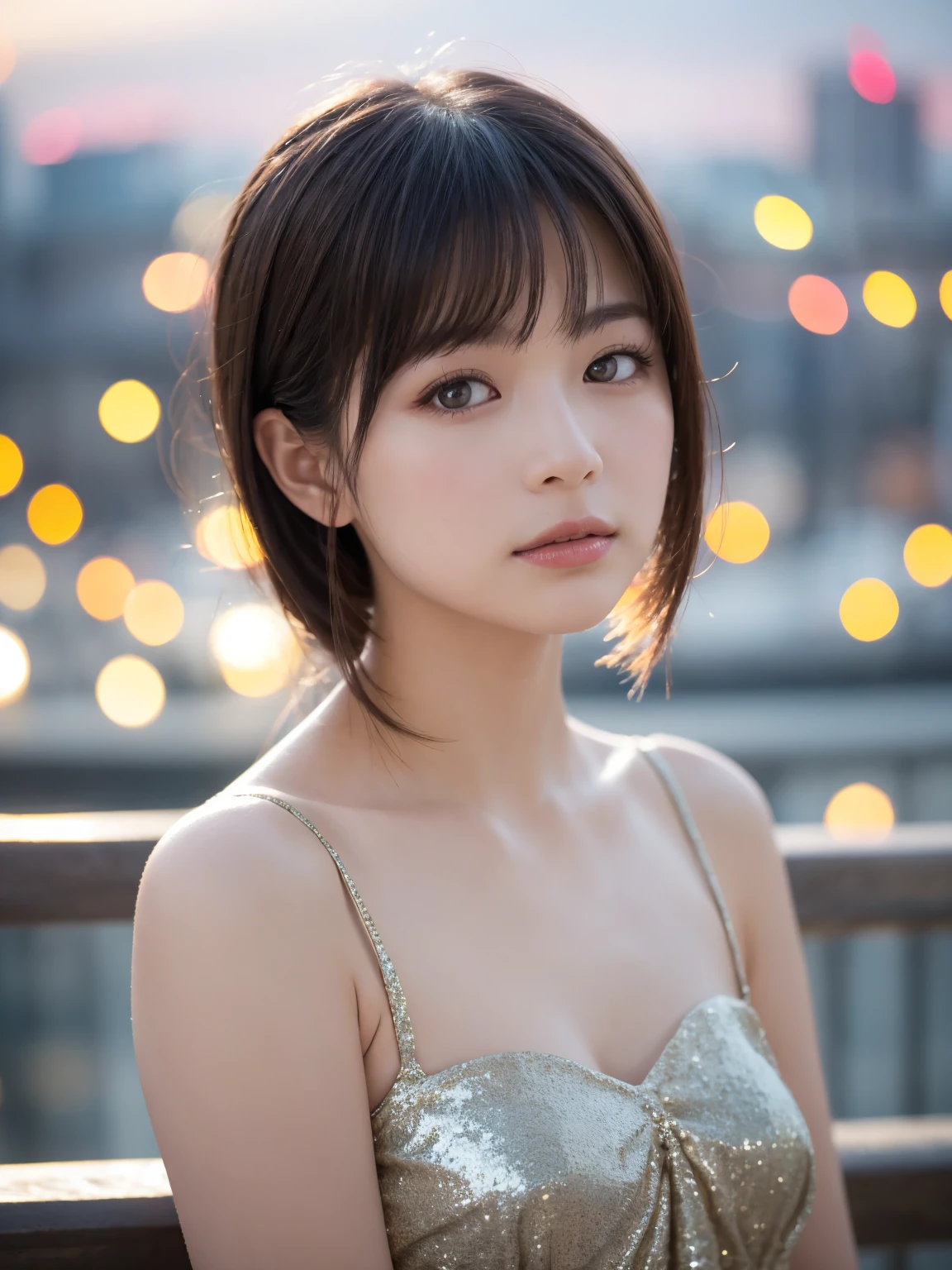 (highest quality,masterpiece:1.3,超A high resolution,),(Very detailed,Caustics),(Photorealistic:1.4,RAW shooting,)Ultra-Realistic Capture,Very detailed,High resolution 16K for human skin、 Natural skin texture、、Skin tone is even and healthy looking、 Use natural light and color,One Woman,Japanese,,cute,Black-haired,Mid-length hair,(Written boundary depth、chromatic aberration、、Wide range of lighting、Natural Shading、)、(Outdoor lighting at night:1.4)、(Hair swaying in the wind:1)、short hair、outside in spring