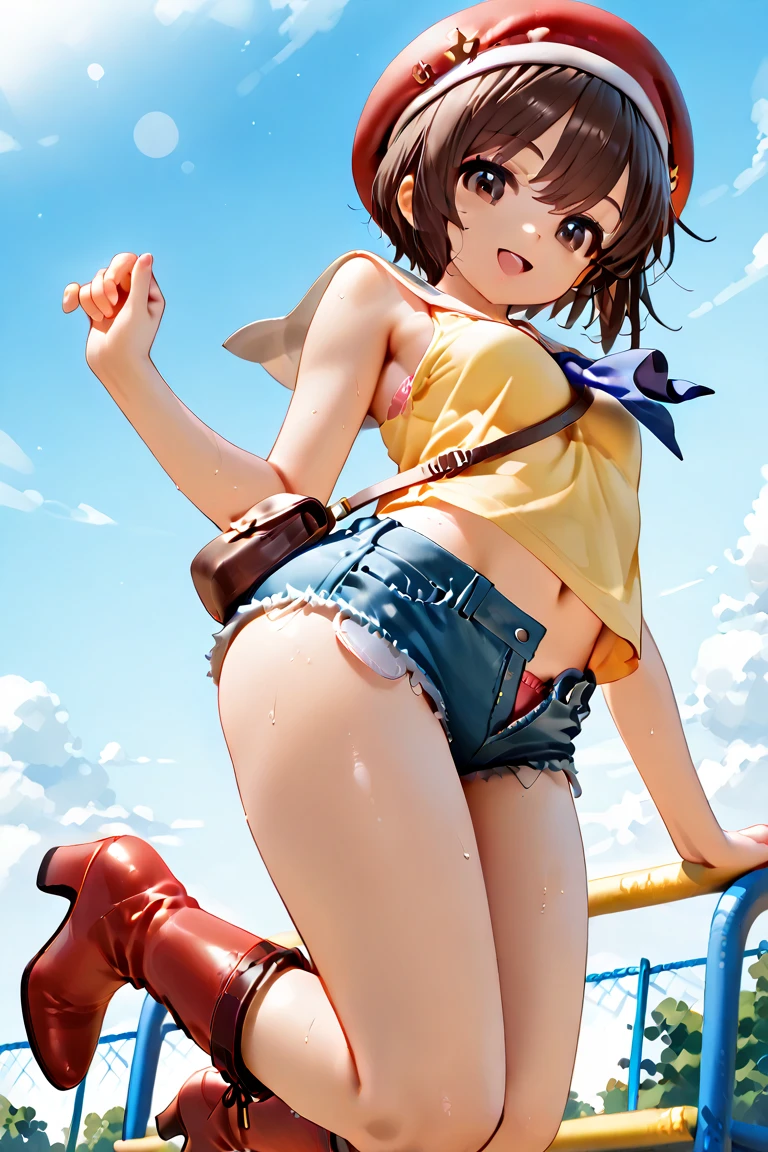 ((highest quality)), ((masterpiece)), (detailed), Perfect Face、5th grade elementary school、Grinning smile、Blushing、Flat Chest、Showing anus、Moles around the eyes and mouth