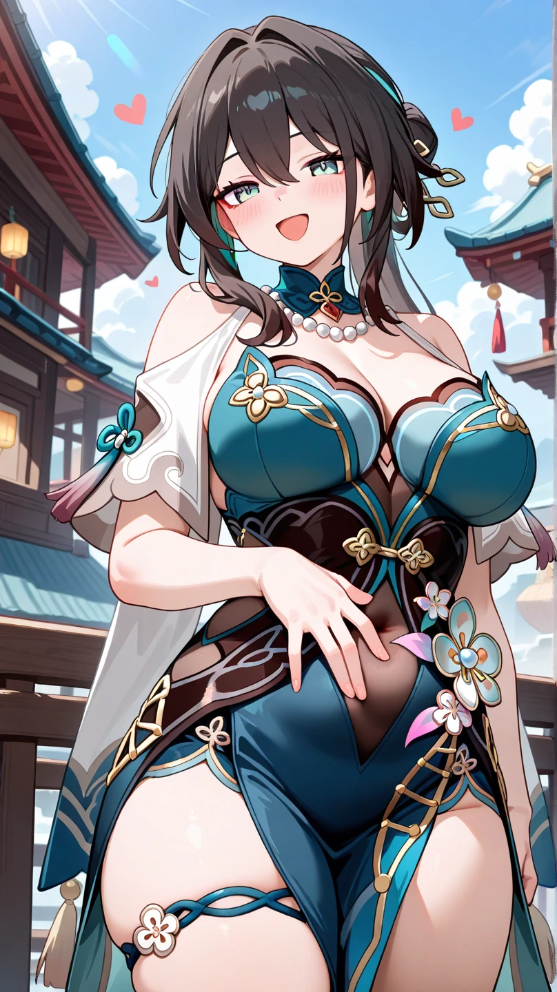 1girl, ruan mei \(honkai: star rail\), solo, china dress, green gloves, hair ornament, detached collar, necklace, capelet, thigh strap, cowboy shot, standing, hand in own hair, floating hair, looking at viewer, light smile, garden, east asian architecture, outdoors, depth of field, table, cake, masterpiece, huge ass, breast, thighs, seductive, spicy, hot, flirty, nsfw,