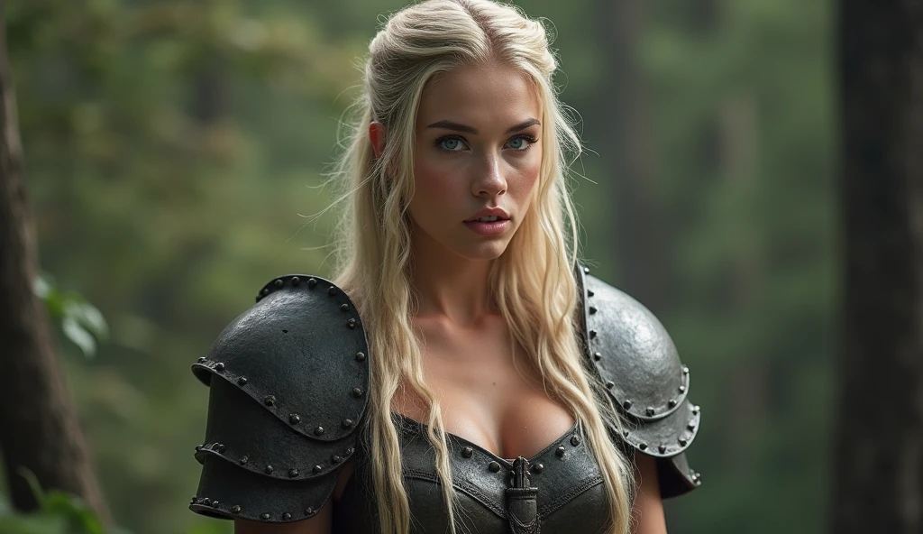 Foto hiperrealista en primer plano de 20 years old Maria Bello, Create dystopian masterpieces. as a witcher, scene from the Witcher movie, the entire figure dressed in witcher style, in woods,, beautiful woman, skinny, small breasts, straight blond hair, detailed face, photo taken from a distance, age 20 tears old