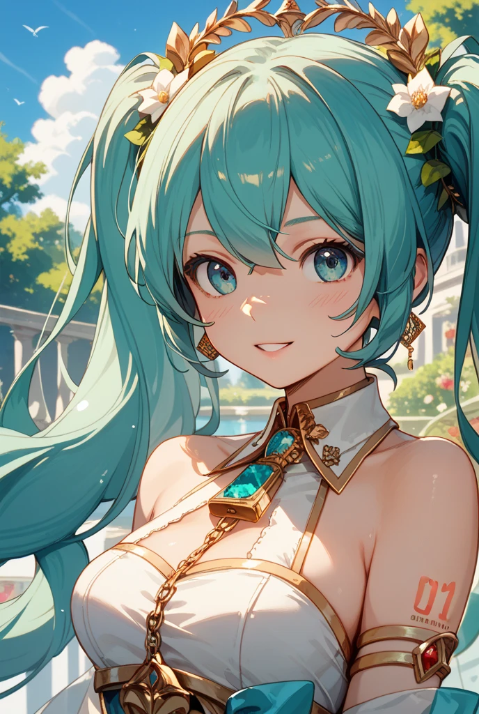 masterpiece, best quality, fsummerLyn, blue bikini, hair flowers, choker, upper body, cleavage, looking at viewer, smirk,
