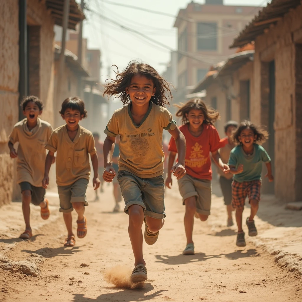 A group of children play joyfully in a rundown neighborhood, surrounded by dilapidated buildings and scattered debris, highlighting the resilience of spirit amidst challenging circumstances.