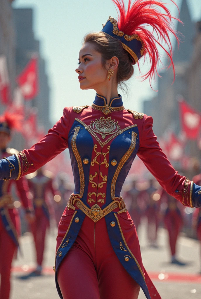 Teenage female drum majorette wearing drum band uniform (wearing a skirt and long-sleeved shirt and a crown on the head) leading the carnival drum band procession Looks more human 

