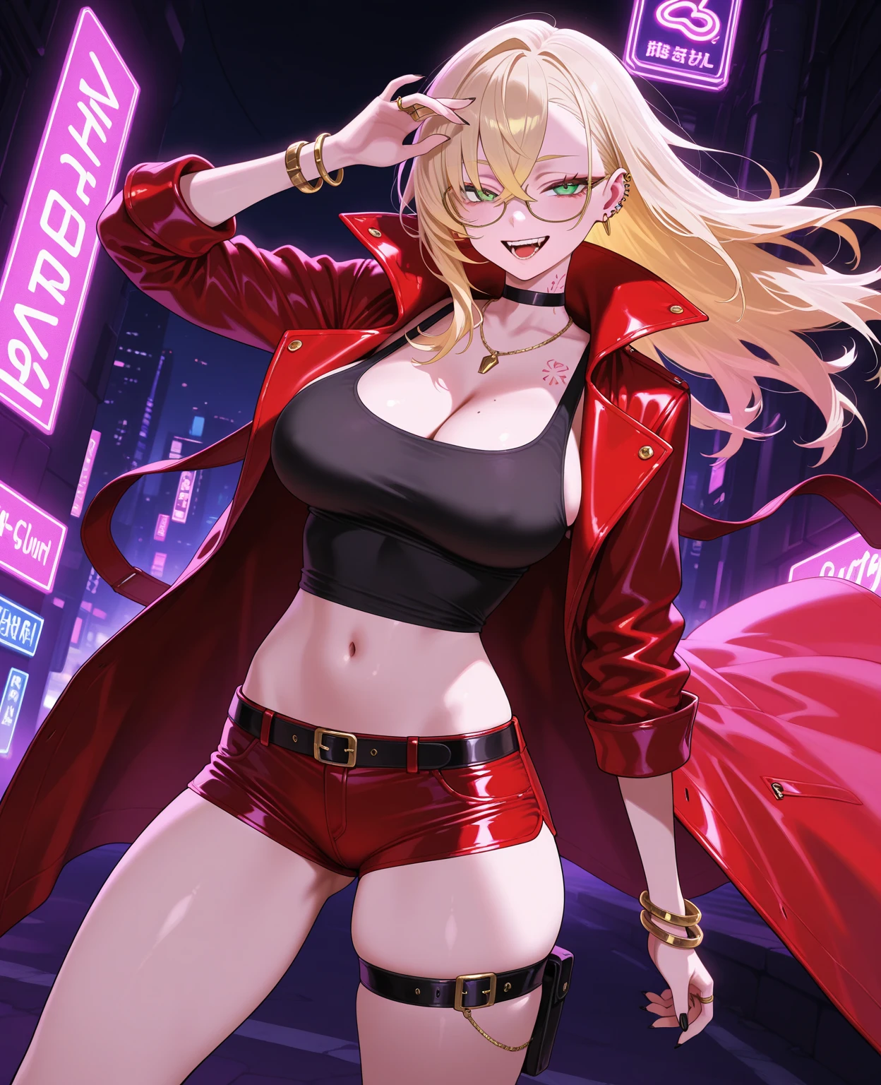 woman、Early 20s、Wicked Smile、Blonde、Long Hair、Green Eyes、Frameless sunglasses with red lenses、Face close-up、sexy、sexyなポーズ、Black tube top、Bright red long coat、R-18、City of night