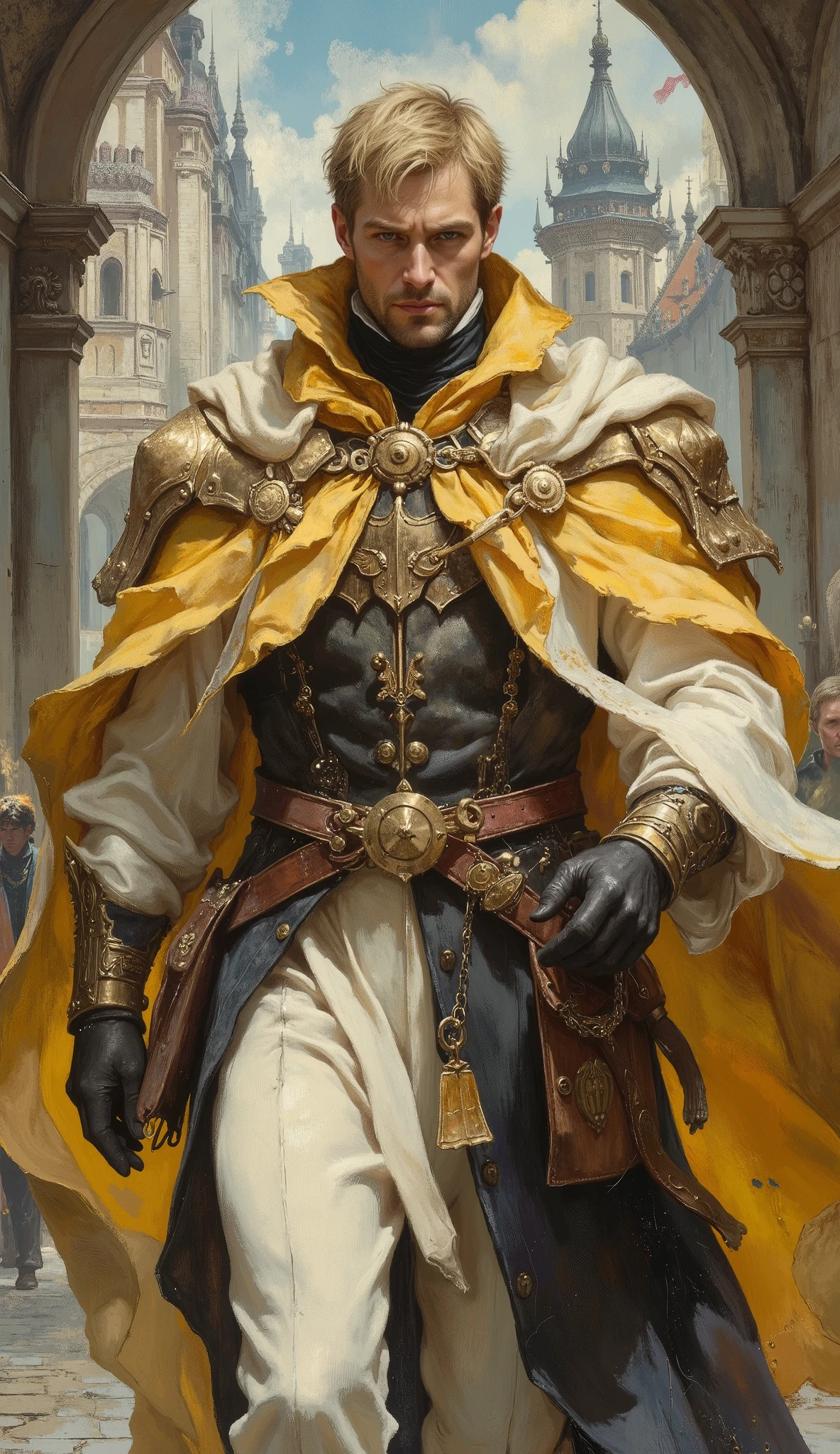 Mature middle-aged man, short choppy golden hair, profound deep-set eyes, chiseled facial features, solemn expression. Clothed in elaborate fantasy noble attire: a luxurious yellow and white layered silk tunic, an elegant silk ribbon cape cascading around his shoulders, diminutive polished metal pauldrons, fine cloth gloves. A leather belt with intricate metal gear embellishments cinches his waist, connecting to a dark, flowing lower garment over white tailored cloth trousers. Wandering through a breathtakingly detailed medieval fantasy city, cobblestone pathways, towering spires, magical ambiance. Art Style: Sophisticated mature comic art, intricate fantasy noble anime character design, masterpiece, hyper-detailed, cinematic lighting, professional digital painting, anatomically correct, five fingers per hand.