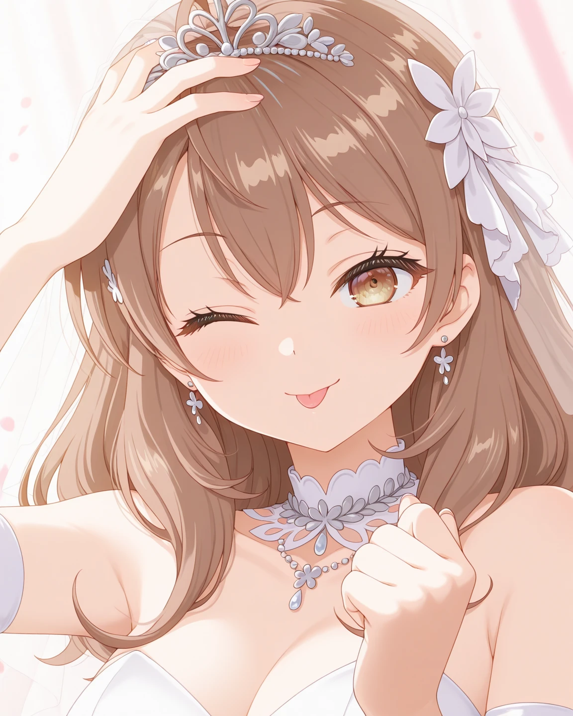 (1 person),(Best image quality, 8k, masterpiece:1.3),((Brown hair bob cut:1.1)),(Swept-apart bangs,Braiding), (Cute eyes, Dark Eyes), (Mole under right eye), (Slender), (Large Breasts),(Glowing Skin:1.1),(Pale skin:1.2),(A fantastic atmosphere),(look up),Ultra-high resolution, Textured skin, Sparkle Effect, Gazing at the audience,
wedding,church,
White lace bra,White lace panties,bride,White garter belt,Red bouquet,Yellow wedding dress,Yellow off-the-shoulder dress,Silver Tiara,Cleavage,happiness/joy, belly button,Veil,Raise your hand,side