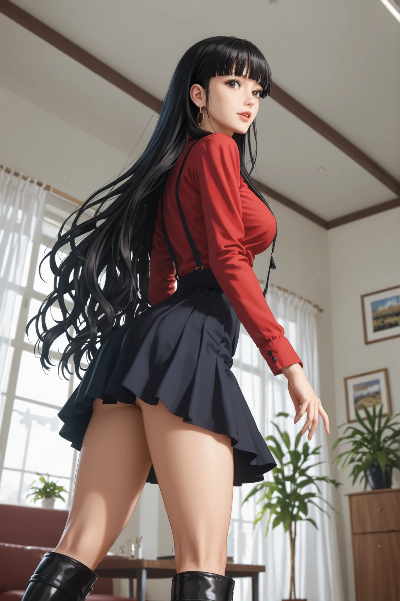 (masterpiece), 1girl, solo, perfect sexy female body, (sexy and seductive pose:1.3) BREAK professional photograph of a Victorian era library study complete with bookshelves full of books, beautiful window, perfect dark wooden floorboards BREAK rin_tohsaka, tohsaka rin, dark hair, long hair, black hair, two side up, twin-tails, <lora:EPfsnRin:0.8>, EPfsnRin, perfect lips BREAK sweater, long sleeves, red sweater BREAK thighhighs, garter straps, zettai ryouiki, (black pleated skirt)