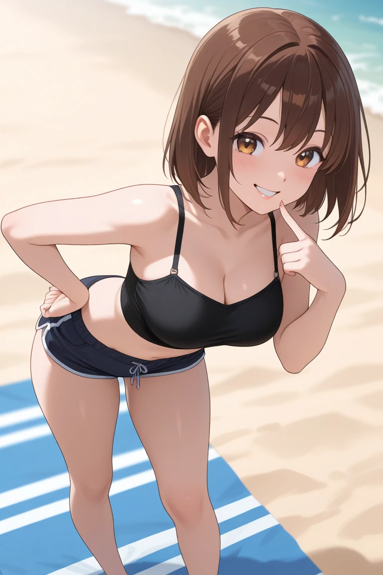 2D,highest quality,(masterpiece),(full body),((girl1people)),medium long hair,((amber brown hair)),((beach waves)),healthy dark skin,((denim hot pants)),「cheap」A pink tank top with the words,Shiny bare legs,barefoot,beautiful brown eyes,attractive thigheaty ass,Sloppy body shape,Bedroom,Get drunk,upper grade,cheeks are bright red,Cute with bruises,devilishly sexy,erotic look,Large drops of sweat all over the body,It's stuffy,sleep with your legs stretched out、my room、perfect limbs, perfect anatomy, anatomically correct、((lie down on the bed))