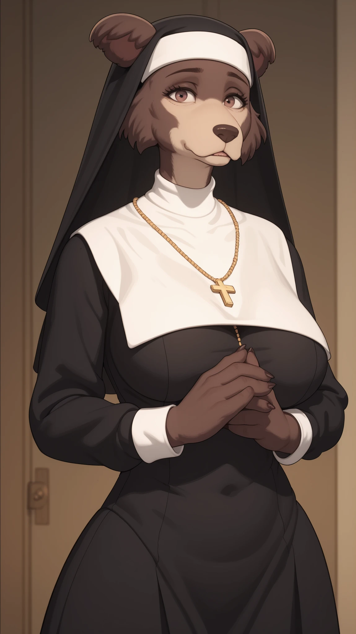 in front of the viewer, posing game, Anthropomorphic mature woman, brown fur, big breasts, nun, shame, awkwardness ,
