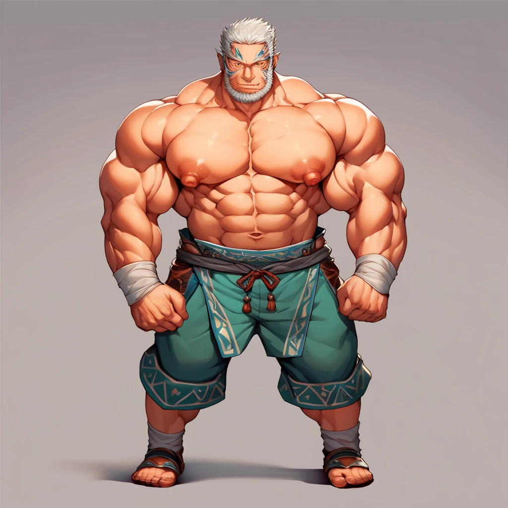 solo, 1boy, Huge Muscular Old man wearing chanpion belt , pectoral, thick arms, huge pectoral, wide pectoral, short white hair, short pants and shirtless, bearded, simple background, masterpiece, semirealistic:1.2, high detailed, 8k, high resolution