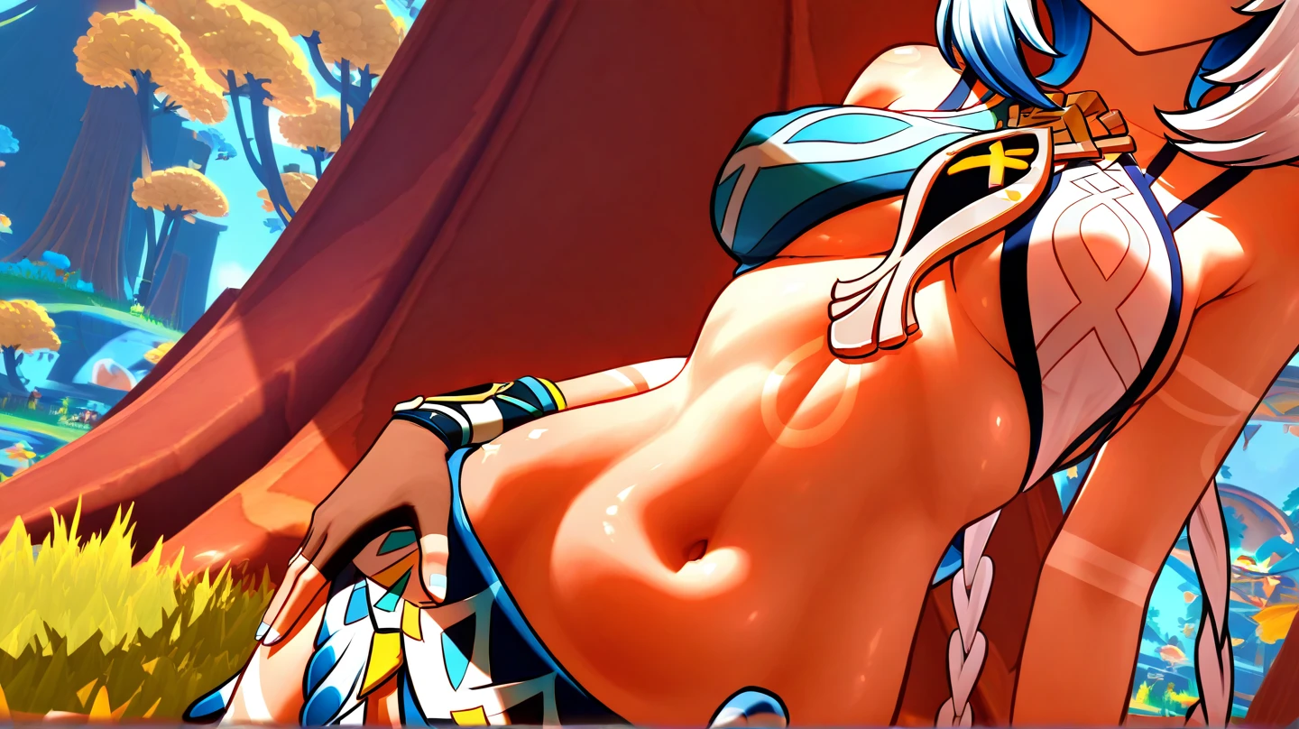(masterpiece, best quality,1.3),extremely detailed,((dynamic angle,speed lines,motion lines)),1girl,(frieren),pointy ears,elf,green eyes,dark elf,dark-skinned female,cameltoe,small breasts,(underboob:1.5),solo,detailed skin,looking at viewer,dark skin,smile,ungry,cowboy shot,white hair,WHITE BANDEAU,off shoulders,belly chain,red vest,Gold collar,Necklace with large light blue gemstones,walking,(blow a kiss from single hand:1.4),