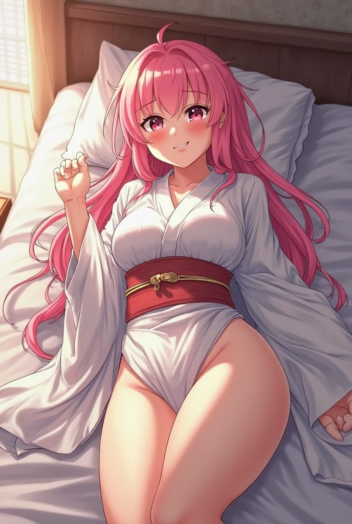 Sexy girl, messy hair, seductive gaze and smile, blushing intensely, sitting on bed, oversized clothing, bare shoulders