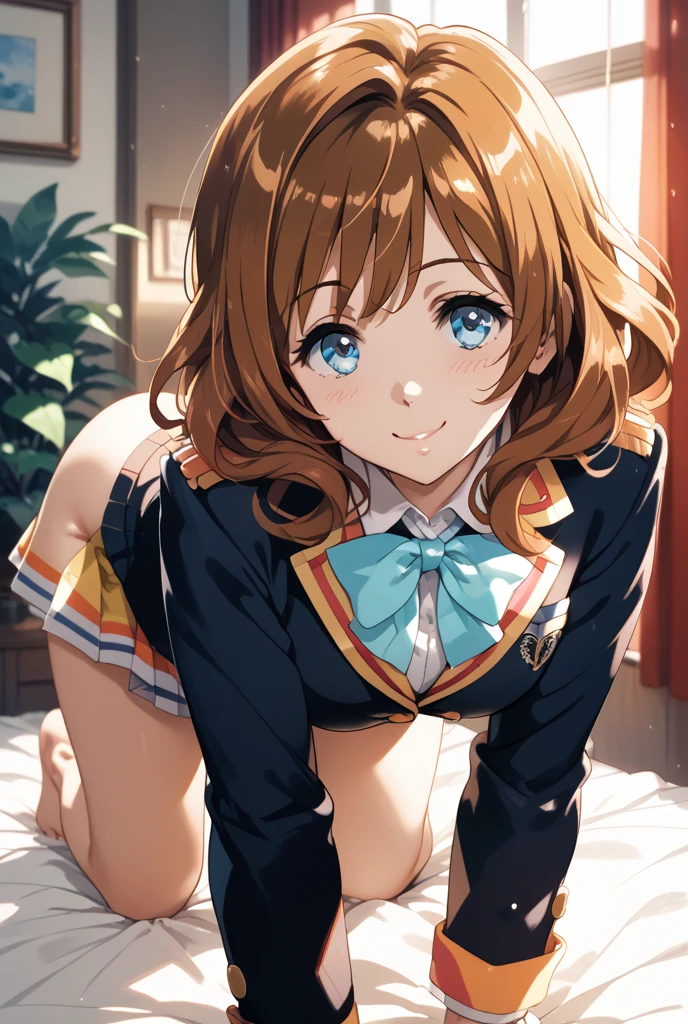 score_9, score_8_up, score_7_up, source_anime BREAK 1girl, solo, lovelive_honoka, cowboy shot, , black blazer, no_pants, no_panties,bottomless,one side up, yellow hair bow, red bowtie, medium hair, brown hair, blue eyes, looking at you, smile, open mouth, simple background, (((V_arms))),(((covering_crotch))),(((shirt_tug)))