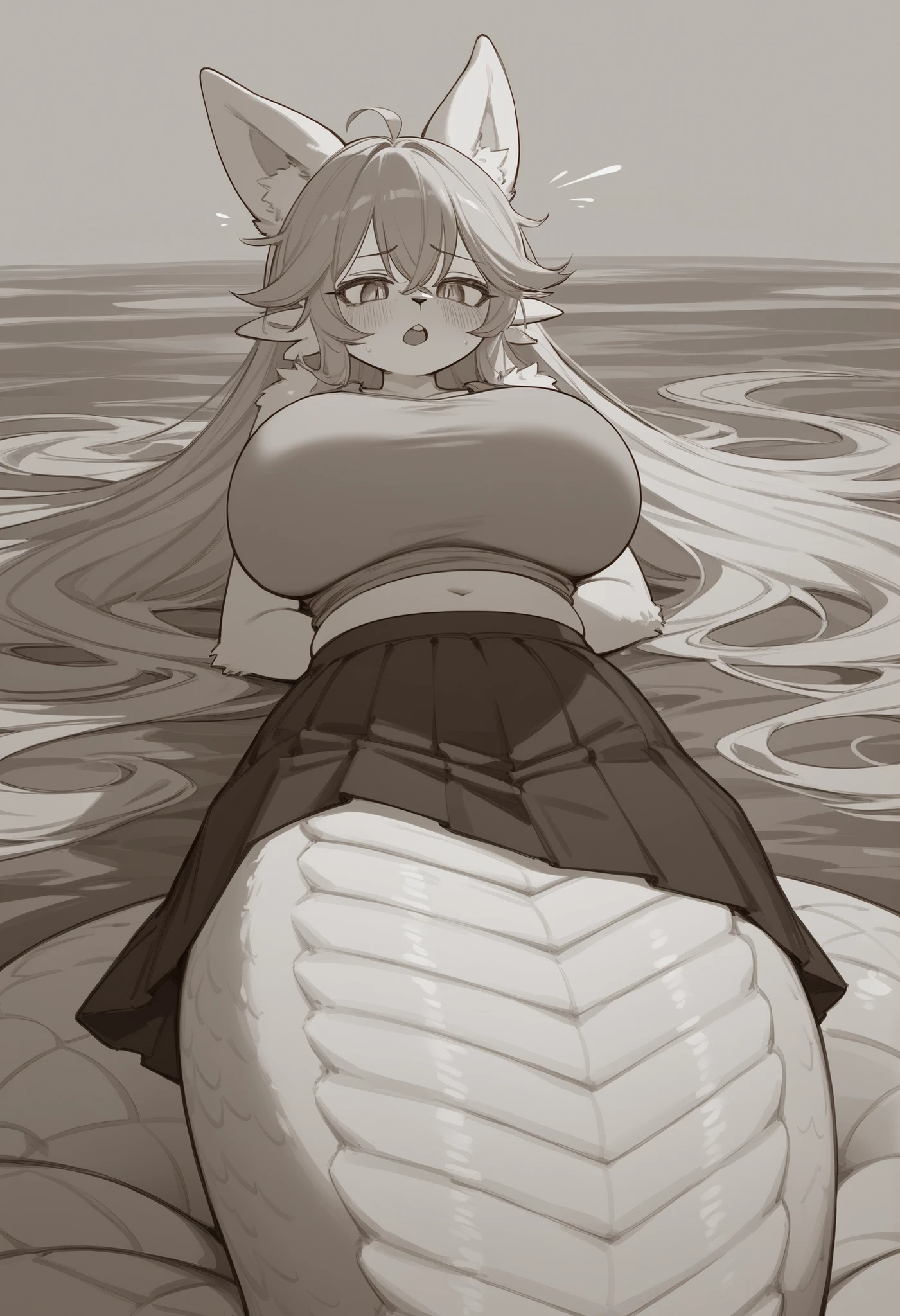 masterpiece,best quality,((slime red mermaid)),(full body:1.5),(gigantic_breasts:1.7),looking at viewer,lying on grass,lying sideway,rain,(school swimsuit)