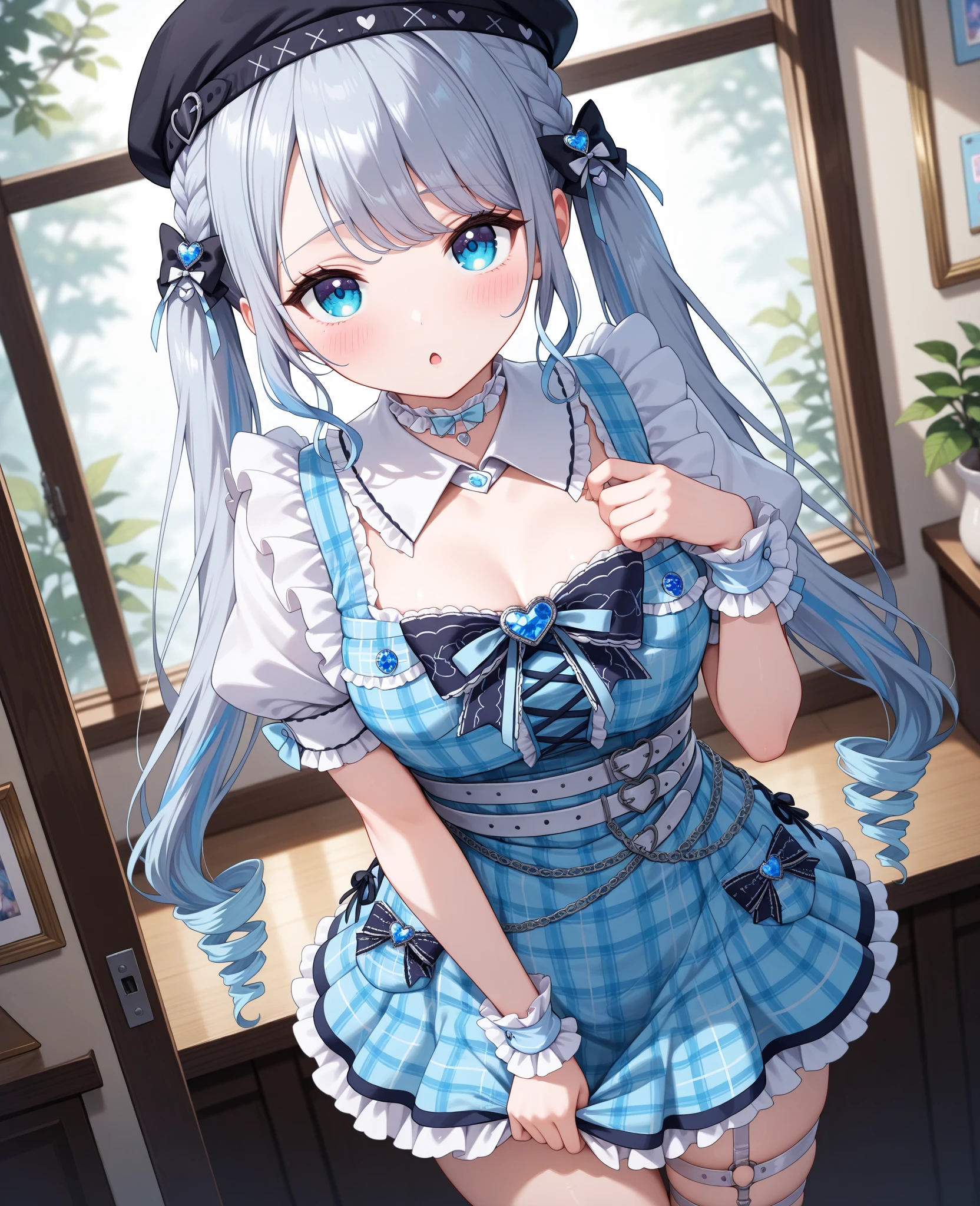 Bigbreast,gray hair,blue eyes,show fang,look at viewer,cute,gura_neko, blue dress, cat ears, side ponytail