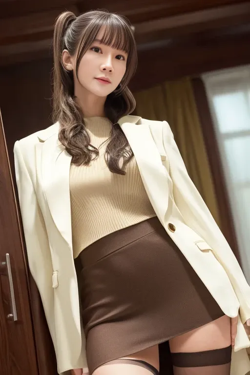 (Best quality, High resolution, Masterpiece :1.3), A Japanese lady, cute face, Slender abs, Dark brown hair styled in loose waves, Small breasts, Very thin waist, Wearing pendant, White button up shirt, Belt, Black skirt, (Modern architecture in background), Details exquisitely rendered in the face and skin texture, Detailed eyes, Double eyelid