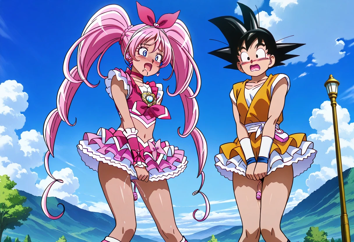 masterpiece, High Quality, amazingly elaborate, beautiful detailed face, official art, ultra high resolution, 8k, 
2 girls, multiple girls, goku, Cure Melody, , blush, embarrassed, open eyes, open your mouth, drool,  covering  ,  in panties, female , shivers at , standing, side by side, Outdoors, Daytime,Goku black hair