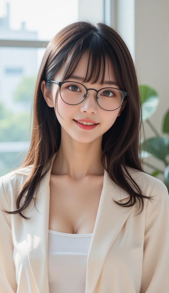 (1 Girl)、(Beautiful Japanese、24years old,round face、Refreshing、clear、seems kind、stylish、Pitiful、cute like an angel、cute、black eyes、,actress,Almond-shaped eyes,Translucent white skin、Beautiful skin), Good style , (Beautiful big breasts:1.2),(soft breasts),(very cute),{(Broun hair),(updo),(Bangs is deep side part),(tendrils)},(enchanting eyes),(highlight on eyes:1.2)、(rimless glasses),(8K、Live shooting、highest quality、masterpiece:1.2、optimal lighting)、((masterpiece)),(Photo taken by a professional photographer),(real、photo real:1.4),break,{ (White nurse costume),(((taraditional nurse uniform))),,{(White nurse tight pants)},(cleavage:1.2)},( Smile face),(cheeks are red:1.2), break, break,Old hospital,Face shot:1.3、looking at viewer, face close-up,Looking up、sitting、(Laughing with mouth open)