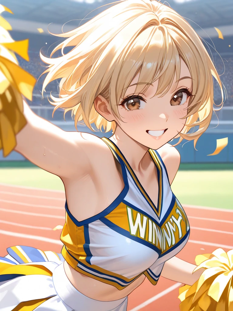 irohaisshiki, iroha isshiki, short hair, brown hair, (Brown eyes:1.5), smile,happy smile, smile, Open your mouth,(cheer leading), (whole body), Big Breasts, Lower, (Sweaty), Sweaty Wet Clothes, (Yellow clothes),No sleeve,Yellow pleated skirt,sneakers , Belly button support, playground, (Jump), (Jump), 足を曲げてJumpする, air, blue sky, Grass原, smile
チアリーダー, Pom-pom \(cheer leading\), Grass, smile, 
break outdoors,Stadium,
break looking at viewer,(Cowboy Shot:1.5),
break (masterpiece:1.2), Highest quality, High resolution, unity 8k wallpaper, (shape:0.8), (Fine and beautiful eyes:1.6), Highly detailed face, Perfect lighting, Highly detailed CG, (Perfect hands, Perfect Anatomy),