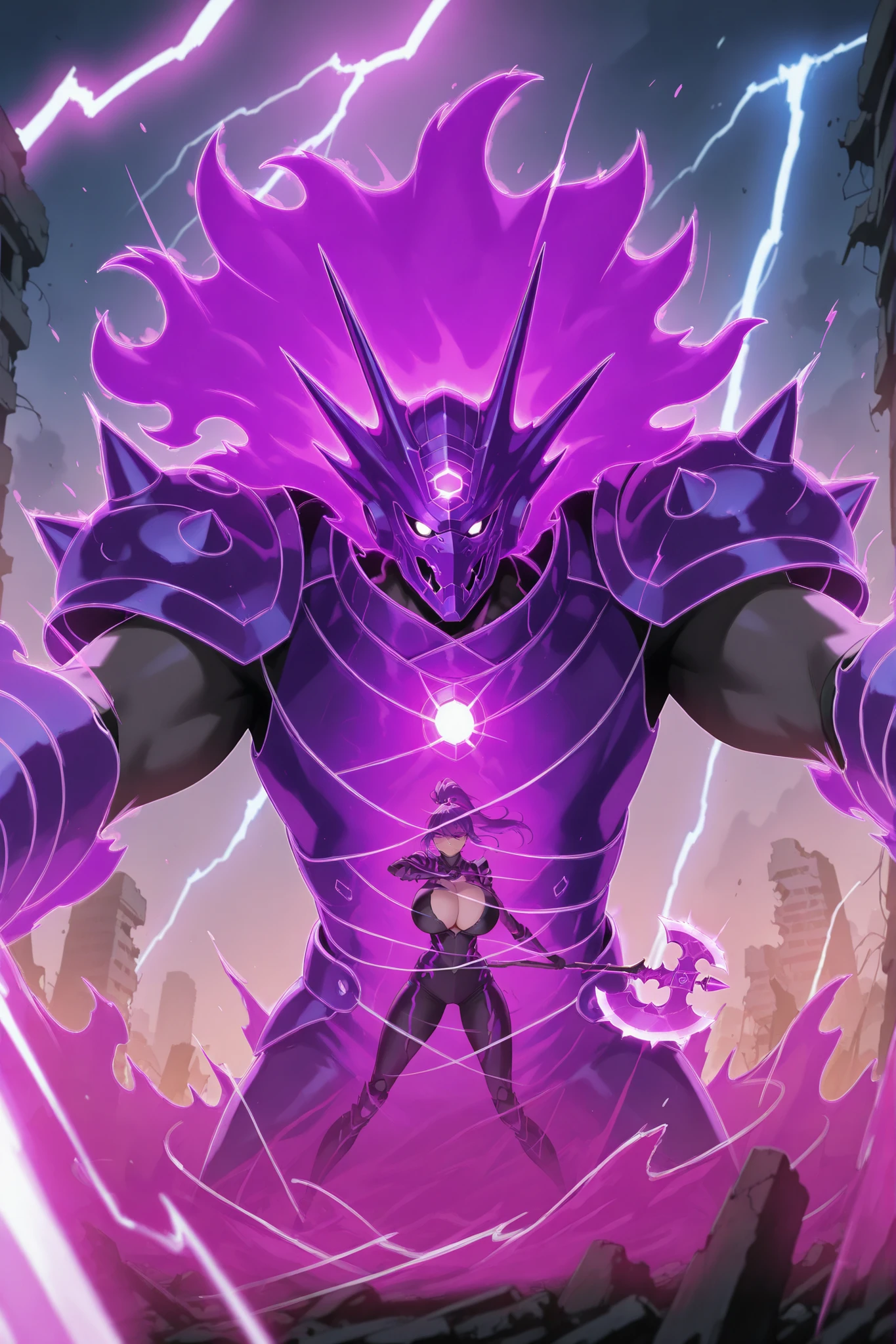 (super detailed:1.2, masterpiece:1.2, best quality:1.2, high res:1.2) 1girl, purple hair, ponytail, huge breasts, purple energy armor, standing, simple background, helmet, covered face, purple energy, glowing armor, black dragon axe, ruins, tentacles, manga effect, lightning effect, splash, visual effect, (motion blur, line effects), motion lines, motion blur, speed lines, Action, Dynamic angle, Dynamic pose, battle, holding axe, attack