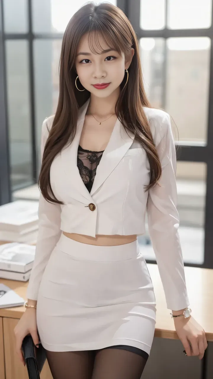 beautiful japanese woman,Photos taken by a professional photographer,Fancy makeup with red eyeshadow,double eyelid,The best smile,Delicate brown hair with short cut and side waves,big ring earrings,elegant legs,Wearing black high heels,long and thin legs, white shirt and super miniskirt, long legs, standing during class, very beautiful slim legs, とても美しいlong and thin legs, sitting at desk, Business service, beautiful feet, good hips and long legs, beautiful feet, black tights,black stockings,black pantyhose,random pose,