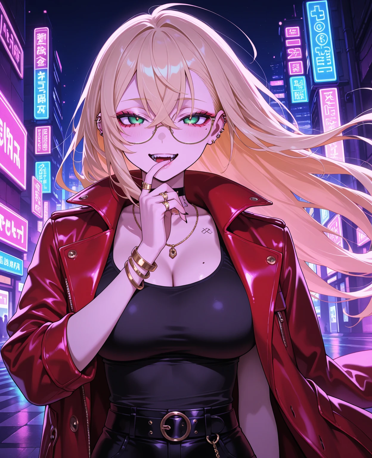 woman、Early 20s、Wicked Smile、Blonde、Long Hair、Green Eyes、Frameless sunglasses with red lenses、Face close-up、sexy、sexyなポーズ、Black tube top、Bright red long coat、R-18、City of night
