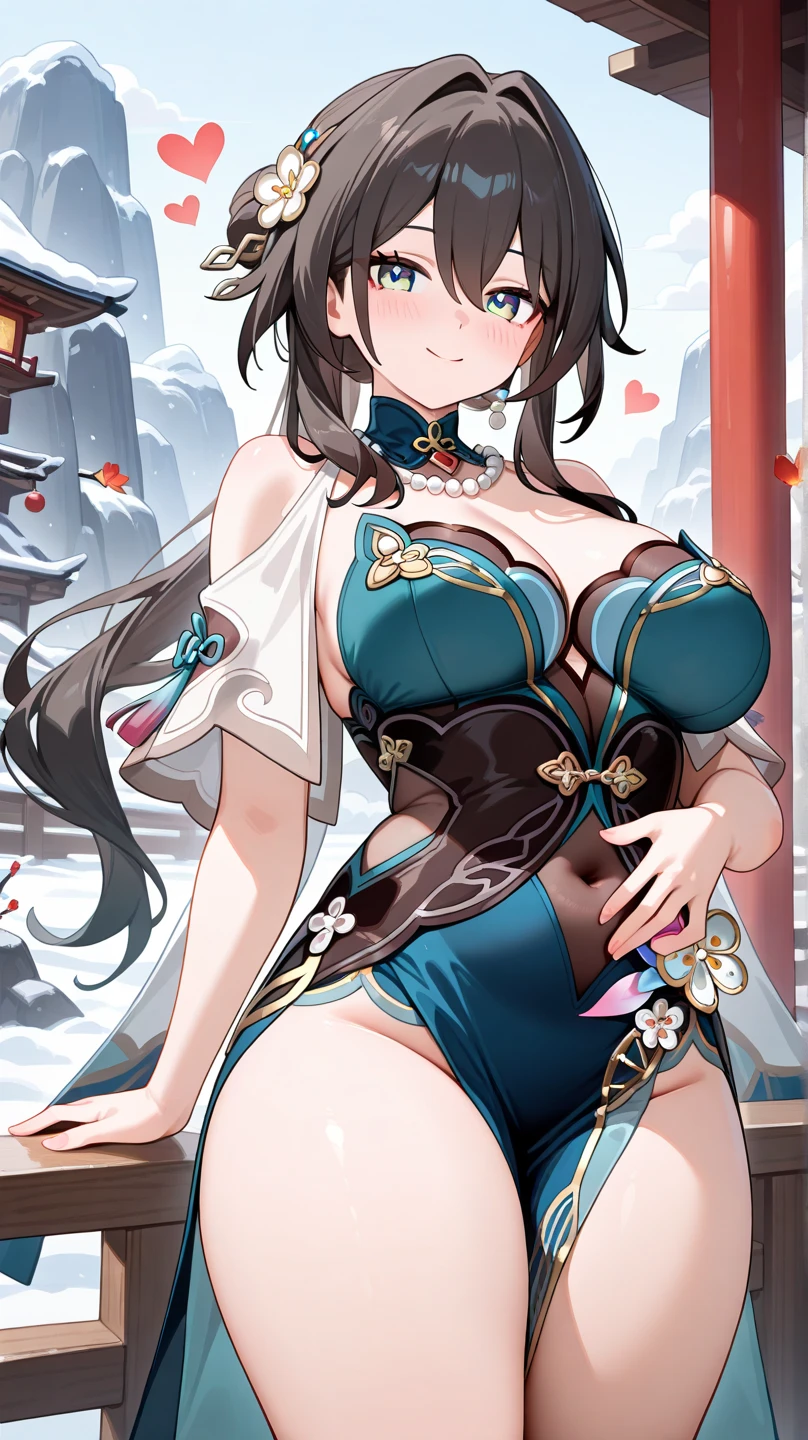 Adult woman, long black hair, blue eyes, white fox ears, open kimono, open breasts, big breasts, smile, masterpiece, high quality