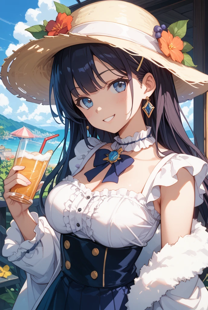 A beautiful girl wearing an almost transparent white see-through dress、17 years old、cleavage、bare shoulders、straw hat、summer、field road、Run