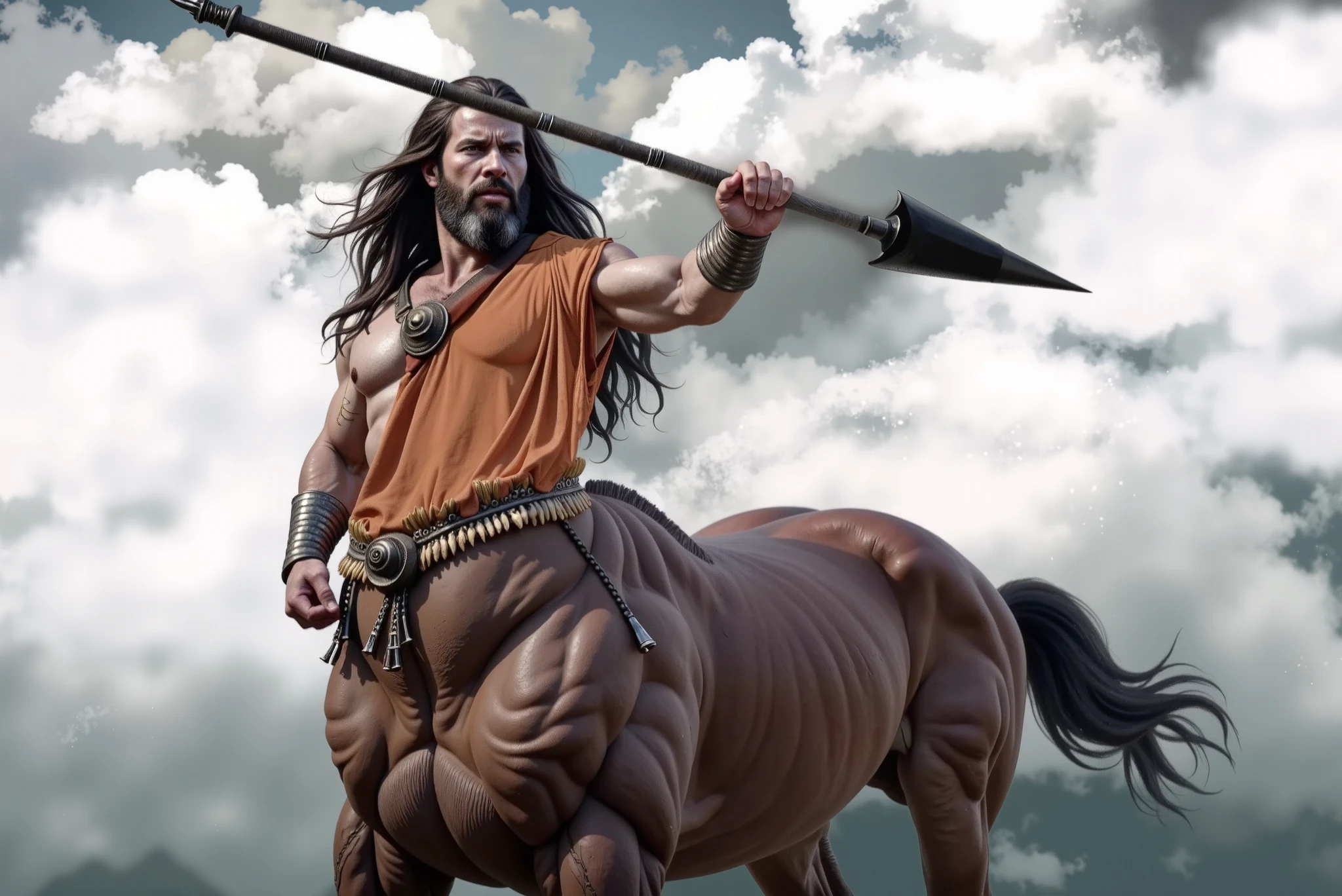 Very detailed, full color, full body photograph of a centaur..:1.2, standing, high, long black hair, with a gold crown on his head, gauntlets, showing chest, ((hairy chest+)) Caucasian, ((White skin)) raising a victorious arm, detailed muscular physique, Realistic representation, 4k resolution. below: deep forest, 32k UHD, Best Quality, masterpiece.