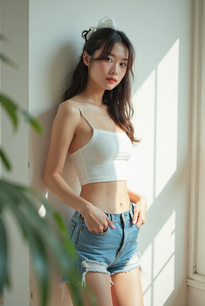 Girl in white bra and tight denim skirt posing for photo, full body, with cropped T-shirt, bra, slim body, smaller bust, slim girl model, 14-year-old female model, lying on the construction site, a group of black men onlooking