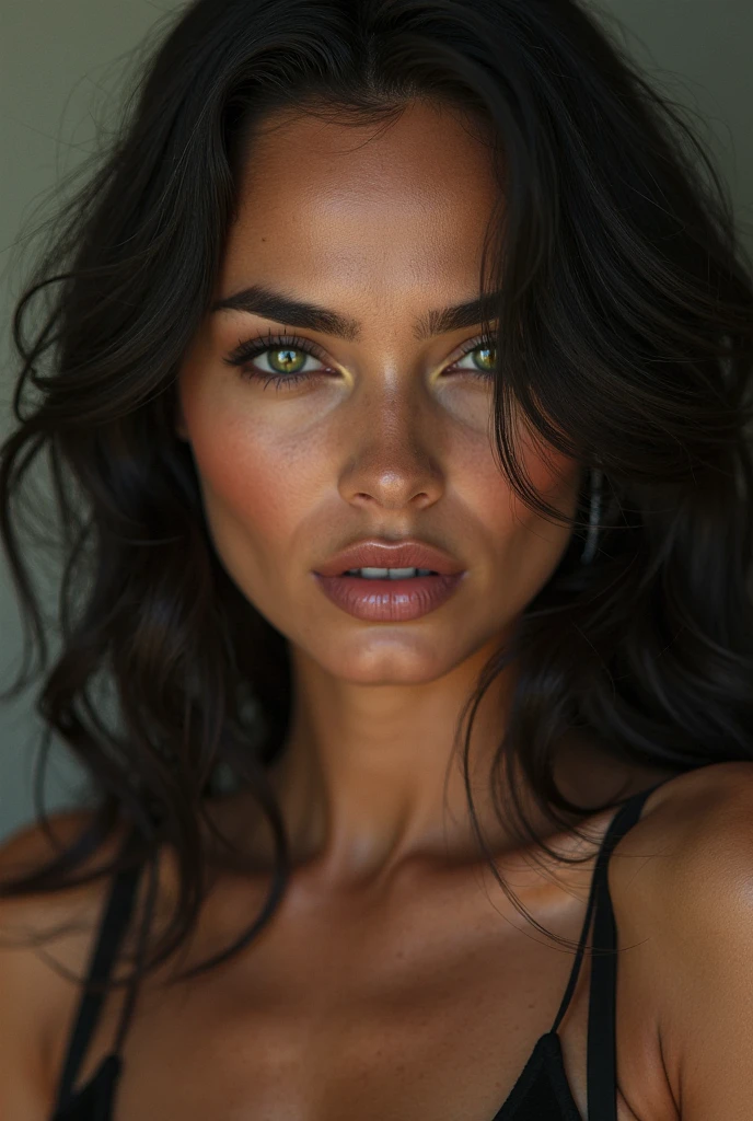 RAW photo, A woman in a crop top and a black blouse, perfect face, fine details, realistic shading, fierce expression, sweat on her face, 1 hyper-realistic real photo, frontal close-up, Completely Arafed woman with green eyes, head held high. of a strong, muscular woman, determined expression, fierce look, athletic build, confident pose, beautiful young black woman of 25 years old with voluminous dark skin with highlights, green eyes, beautiful green eyes, realistic and detailed, symmetrical, hyper-realistic green eyes (eyeliner, long and perfect choices, the nose is small and proportional to the face and the soft contour of the face that accentuates the high cheekbones, protective and defined lips, full lips, voluminous lips). The face is oval, with high cheekbones and a well-defined chin, a beautiful and detailed face. Skin tone: Olive skin, healthy and evenly glowing, with olive skin, specific skin texture, beautiful and shiny skin, intricate details, smooth skin, healthy and radiant appearance. Hourglass body, voluptuous body, slender woman, perfect body, a brunette goddess. 50mm lens, f/2.8, hdr, RAW photo (8K), high quality resolution 8K uhd, dslr, 2k, 4K, 8K, 16K. photographic photo photography, 800 for Kodak door, 35mm photography, film, bokeh, professional, 4K, highly detailed, an intimidating look, looking in front of the camera, look straight ahead, anger in her eyes, look of revenge on her face, a burning kingdom in the background, and blood smeared on his face, professional post-apocalyptic style photo set, incredibly detailed, intricate wasteland landscape background, (((Artwork))), maximum quality, 8K, Ultra high resolution, High contrast, Low saturation, (realistic:1.4), )), cyberpunk street clothing, grunge style, textured, distressed, edgy, dirty, noisy, street, point of view, face. Hyperrealistic sandy 8k 18+ dirty beautiful epic high resolution composition
