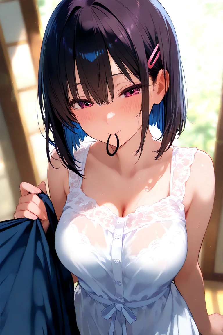 masterpiece, great quality, ultra detail, illustration, game cg, 1girl, solo, (FGOErice), collarbone, cleavage, blush, school, sitting, (lace bra, pleated miniskirt), looking up at viewer