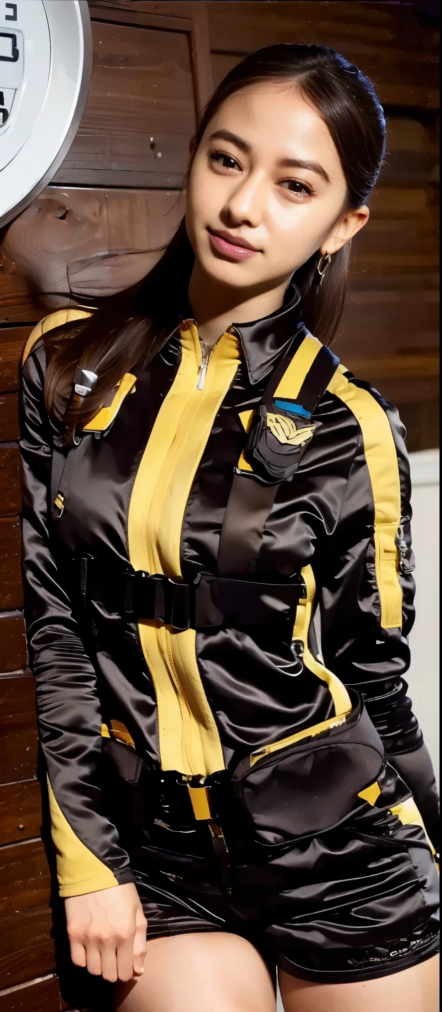 ( VERY REAL ), ( Highest Quality), ((round, SMALL AND PRECISE FACE )),black butt under pants, clock,Dark Eyes,short shorts,black shorts, boots, butt under pants,Jacket,shorts, dark haired , adult woman picking her cheek , Her breasts are so 大きい and plump ., , clothes with narrow eyebrows are perfect for that figure ,Beautiful skin ,My nose is small,The width of the eyebrows is narrow