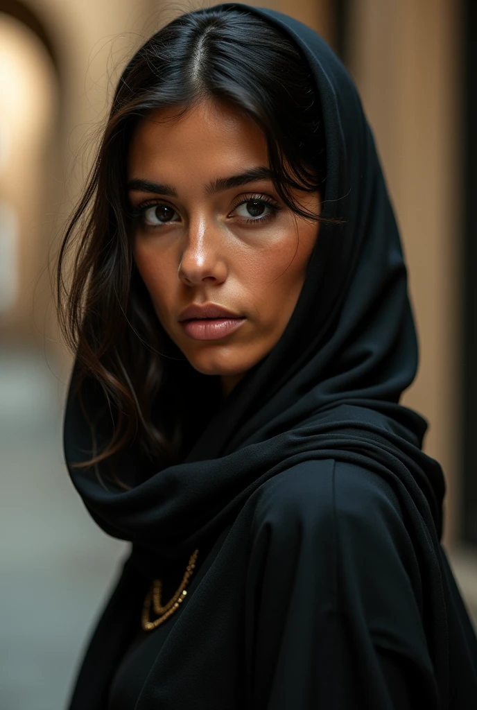 Fille Algerienne, Brunnete, (Robe couverte traditionnelle respectueuse), (very loose scarf showing curly hair), (Environnement du souk marocain), chef-d&#39;artwork, Best quality, very detailed, (Gorgeous, detailed eyes Gorgeous, detailed face), (Best quality), (ultra-detailed), (chef-d&#39;artwork), (high resolution), (original), Ultra-realistic.