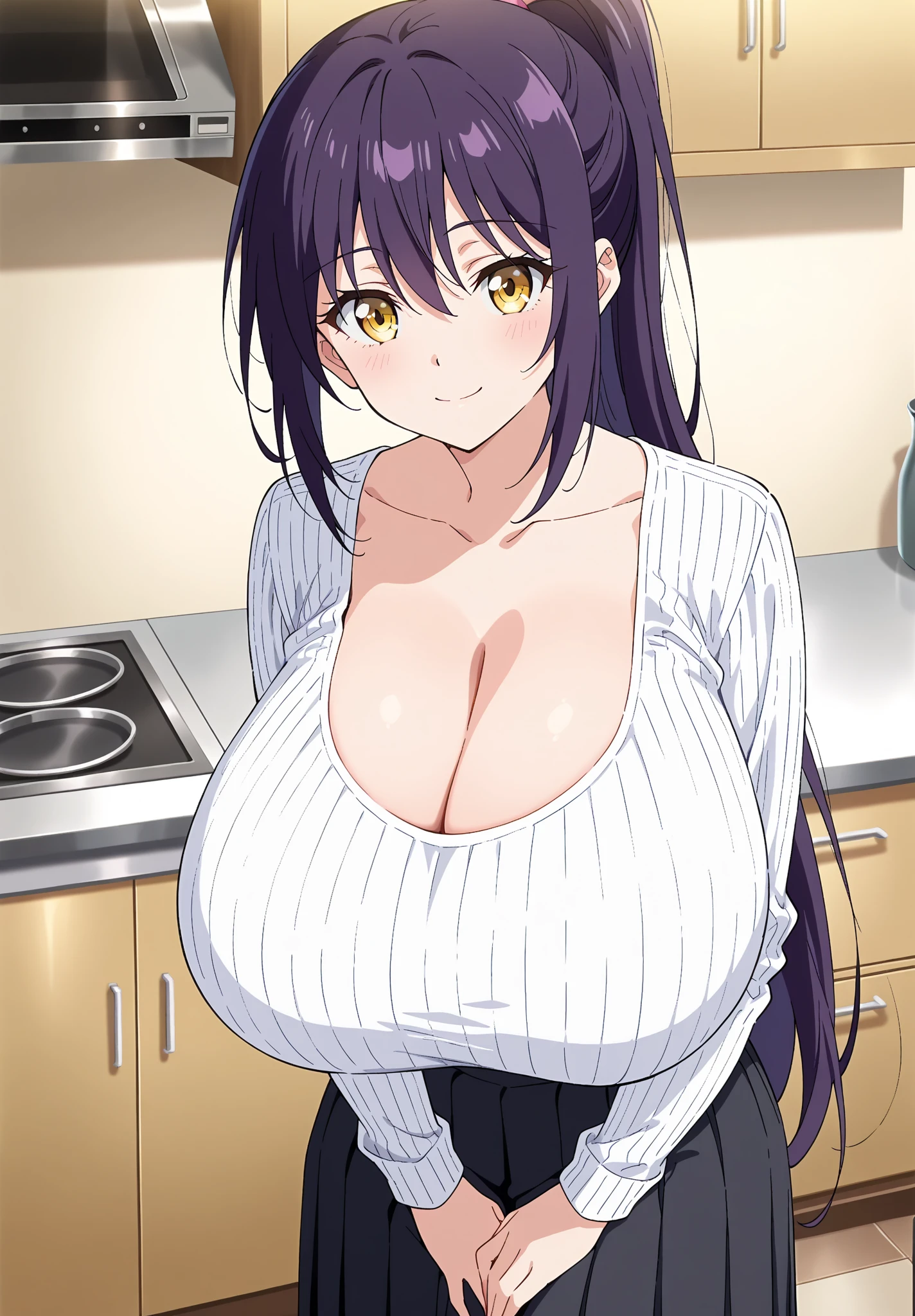 ((masterpiece)), ((best quality)), (ultra-detailed), ((extremely detailed)), 4K, (8K), best quality,, ((perfect anatomy)), five fingers, ((((beautiful detailed eyes)))), (((world-class quality))), photorealistic, extremely detailed, high resolution, (detailed shaded pretty face), ((((house wife)))), solo, (((sagging breasts))), (((wearing v neck sweater)), glowing detailed skin and hair, white-skinned, (((glistening skin))), kasumi iwato, baby face, (half updo), naughty face, huge ass , thighs,, (potbelly), sweater tug, , , cleavage, panties,