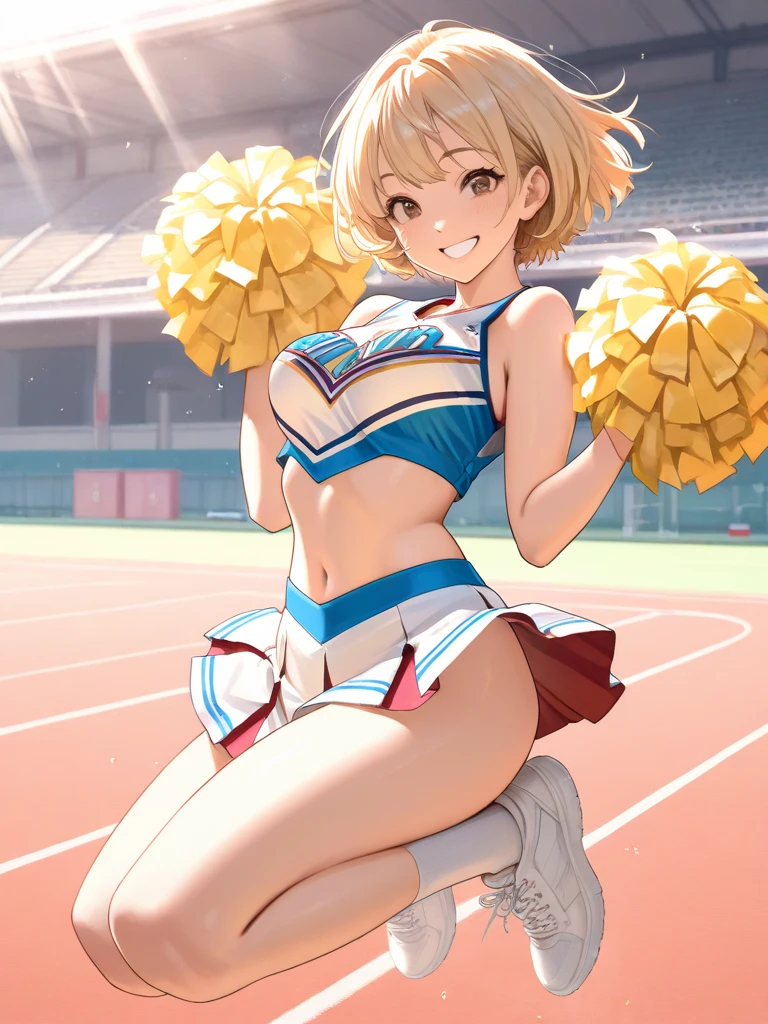 ((multiple girls:1.3)), ((moe style:1.3)), ((cheerleader:1.3)), ((jumping high:1.3)),  ((large breasts:1.3)), ((centerfold:1.3)), ((extremely feminine:1.3)), perfect hands, ((perfect face)), ((extremely cute:1.3)), ((masterpiece)), ((8k)), ((best quality)), ((beautiful)), ((extremely detailed:1.3)) , ((absurdres)), AddXL, ((score_9:1.3)), ((score_8_up:1.3)), ((score_7_up:1.3)),
