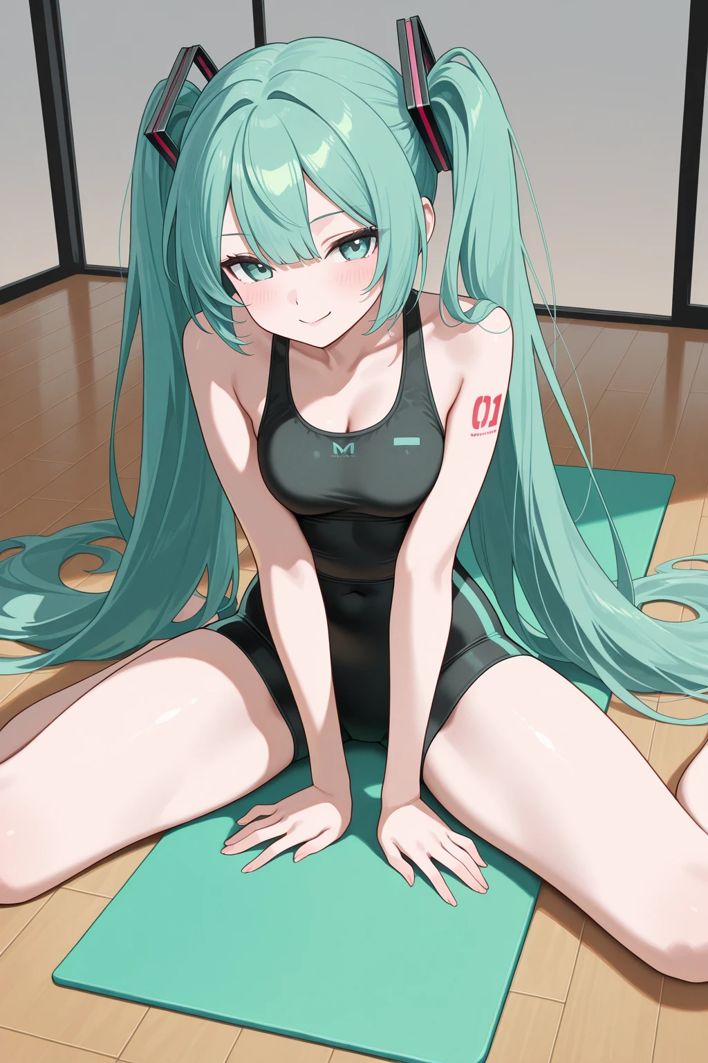 One beautiful girl、Hatsune Miku、、Small breasts, B cup、How tall are you172㎝、Weight is45㎏、Slim figure、Virtual Singer、Miku is a yoga instructor、Appeal your whole body、Taking Action、/She is work in the yoga room /Green Eyes、long green hair、Do Yoga Poses、Smiling and shining in yoga class、laugh、Very cute smile、Look at me with a gentle gaze and say hello、Artwork from above、A worldview centered around girls、draw in detail、A girl1background4Draw at a ratio of、4K、8K、Highest quality、Altitude Resolution、Ultimate Painting、Highly original works